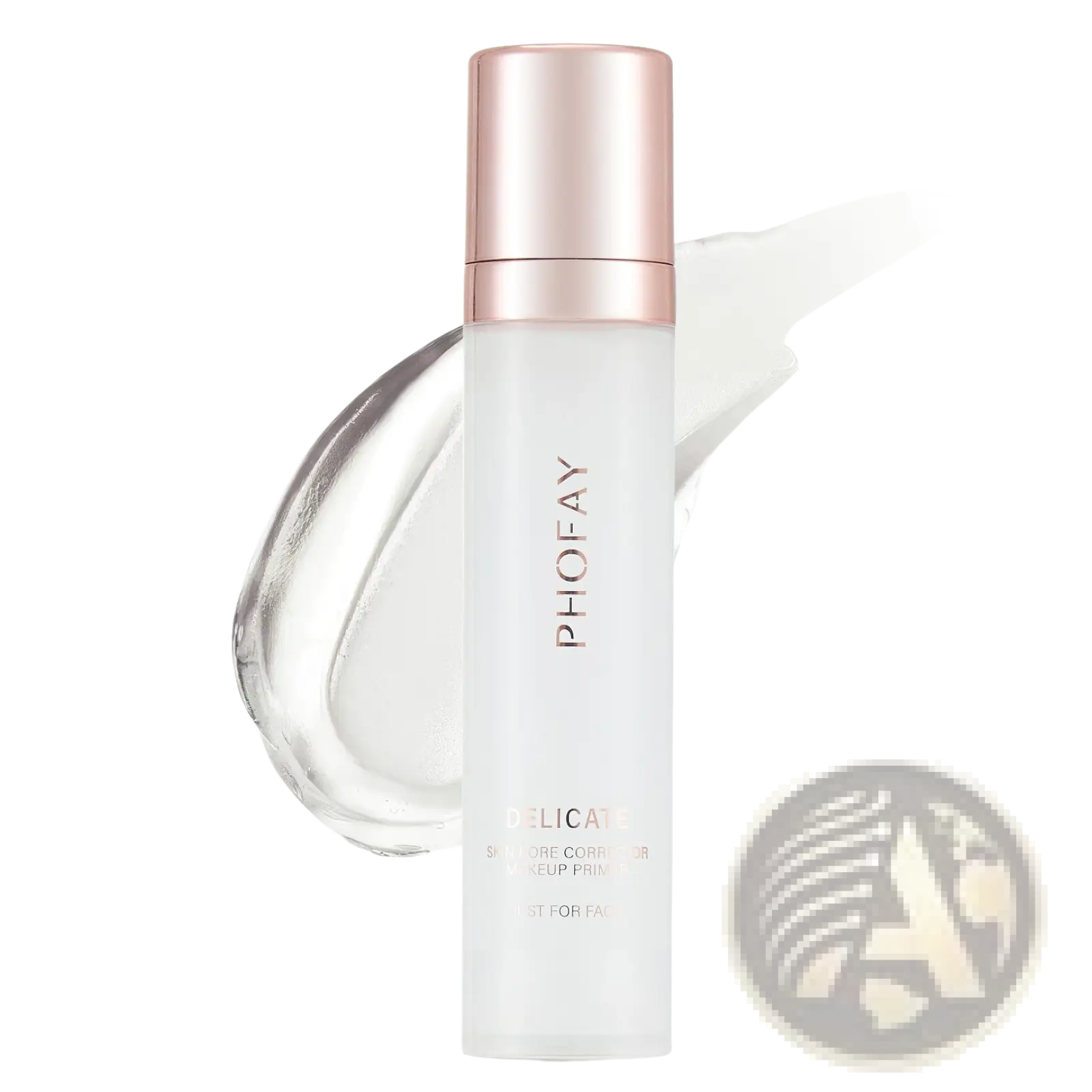 A sleek transparent hydrating pore correcting makeup primer bottle with a rose gold cap from phofay