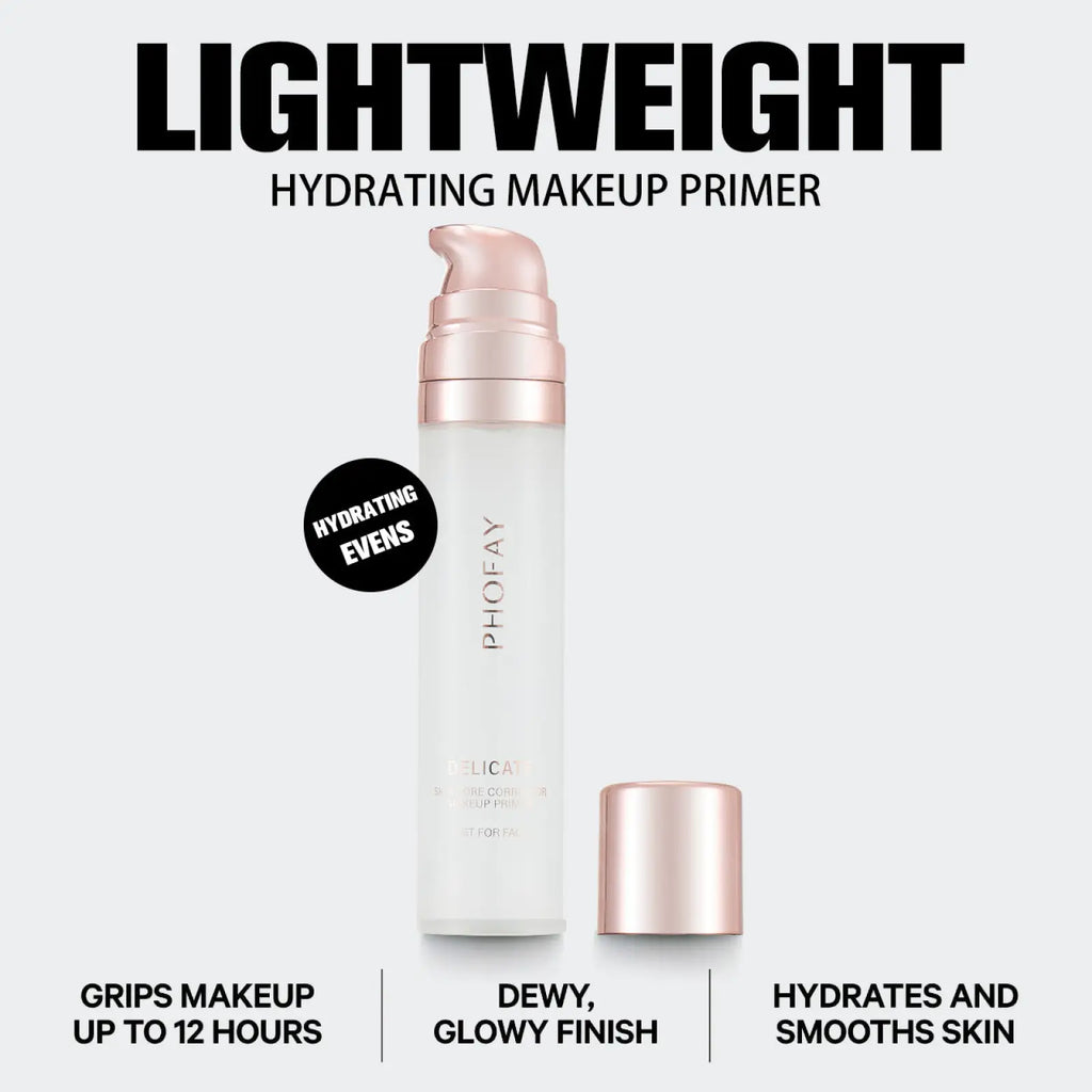 A sleek translucent white hydrating pore correcting makeup primer pump bottle with rose gold cap by phofay