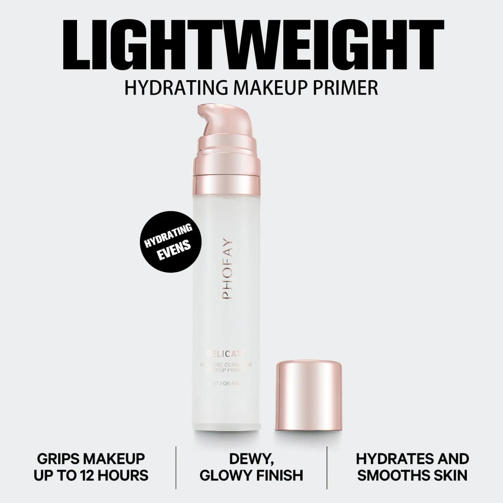 A sleek translucent white hydrating pore correcting makeup primer pump bottle with rose gold cap by phofay