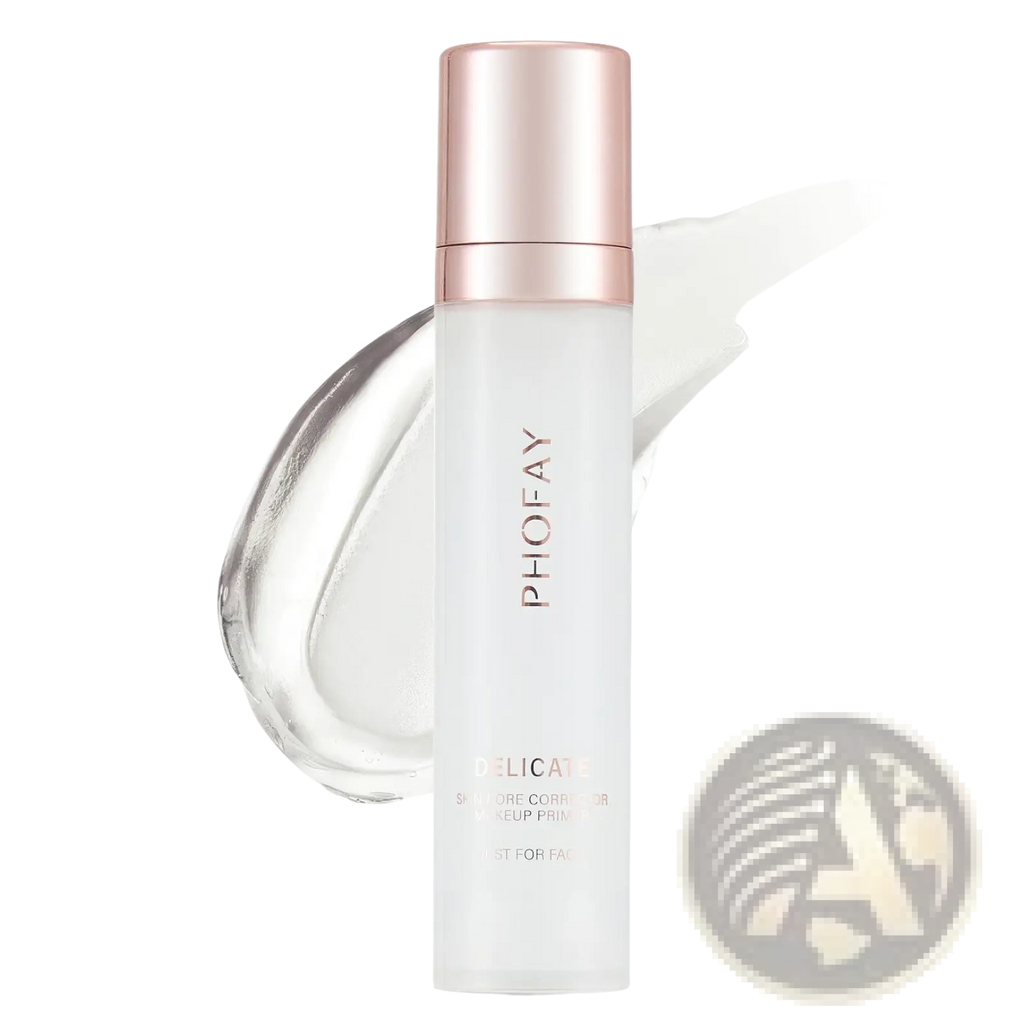 A sleek transparent bottle with a rose gold cap contains phofay hydrating pore correcting makeup primer 25ml