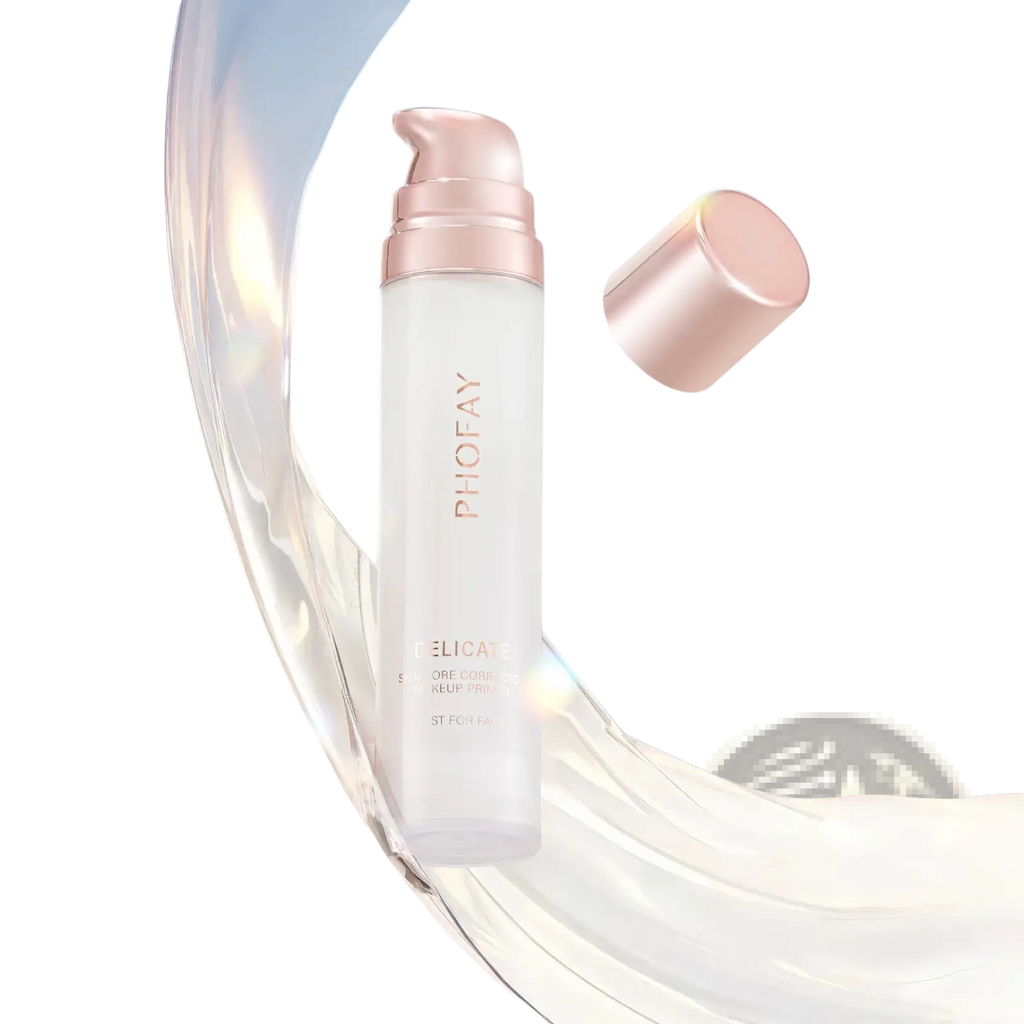 A sleek translucent white bottle with a rose gold pump labeled phofay hydrating pore correcting makeup primer 25ml