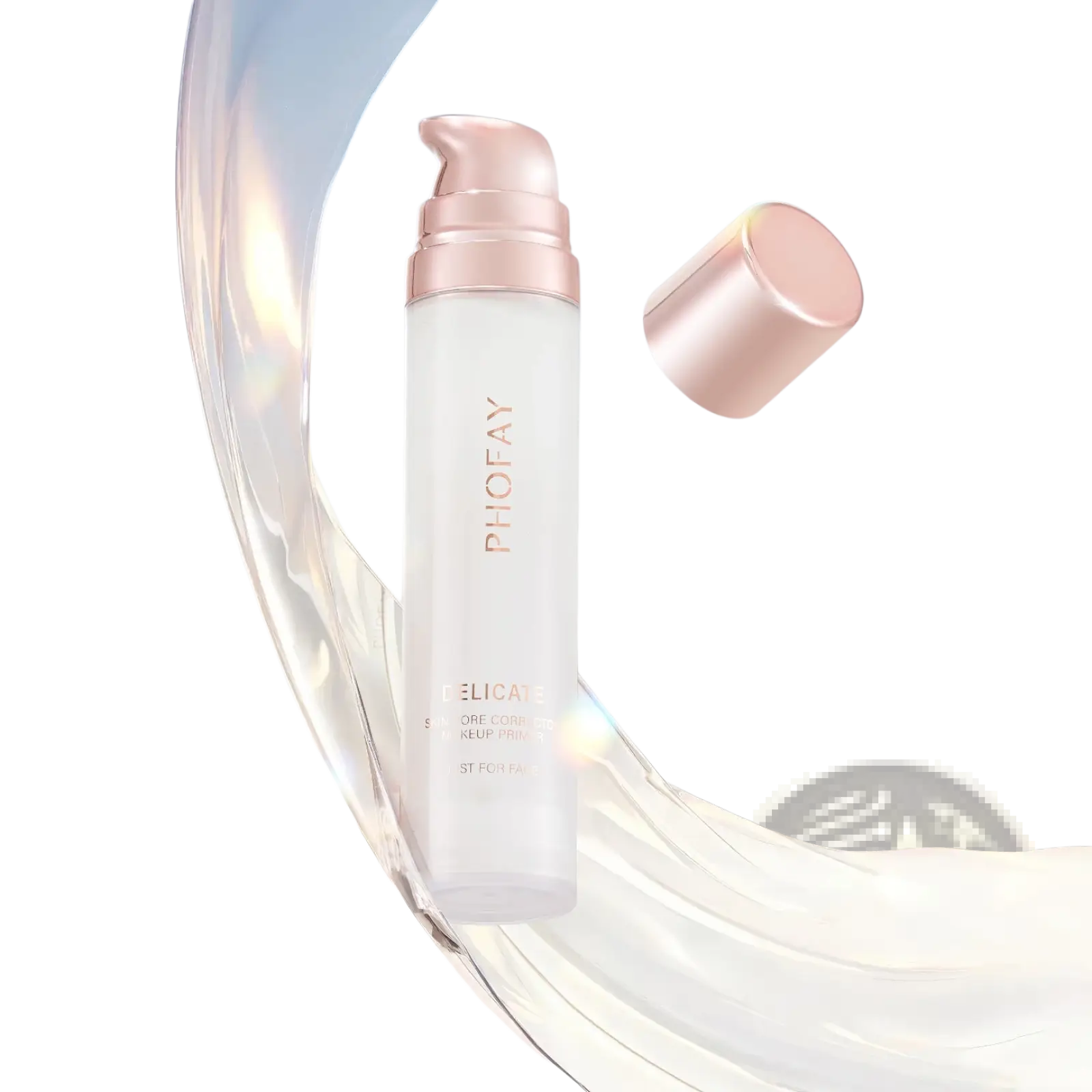 A sleek translucent white bottle with a rose gold pump labeled phofay hydrating pore correcting makeup primer 25ml