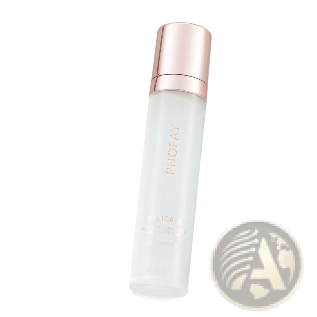 A sleek translucent white bottle with rose gold cap for phofay hydrating pore correcting makeup primer 25ml