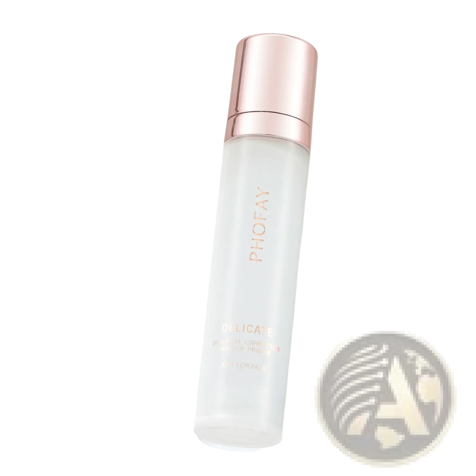 A sleek translucent white bottle with rose gold cap for phofay hydrating pore correcting makeup primer 25ml