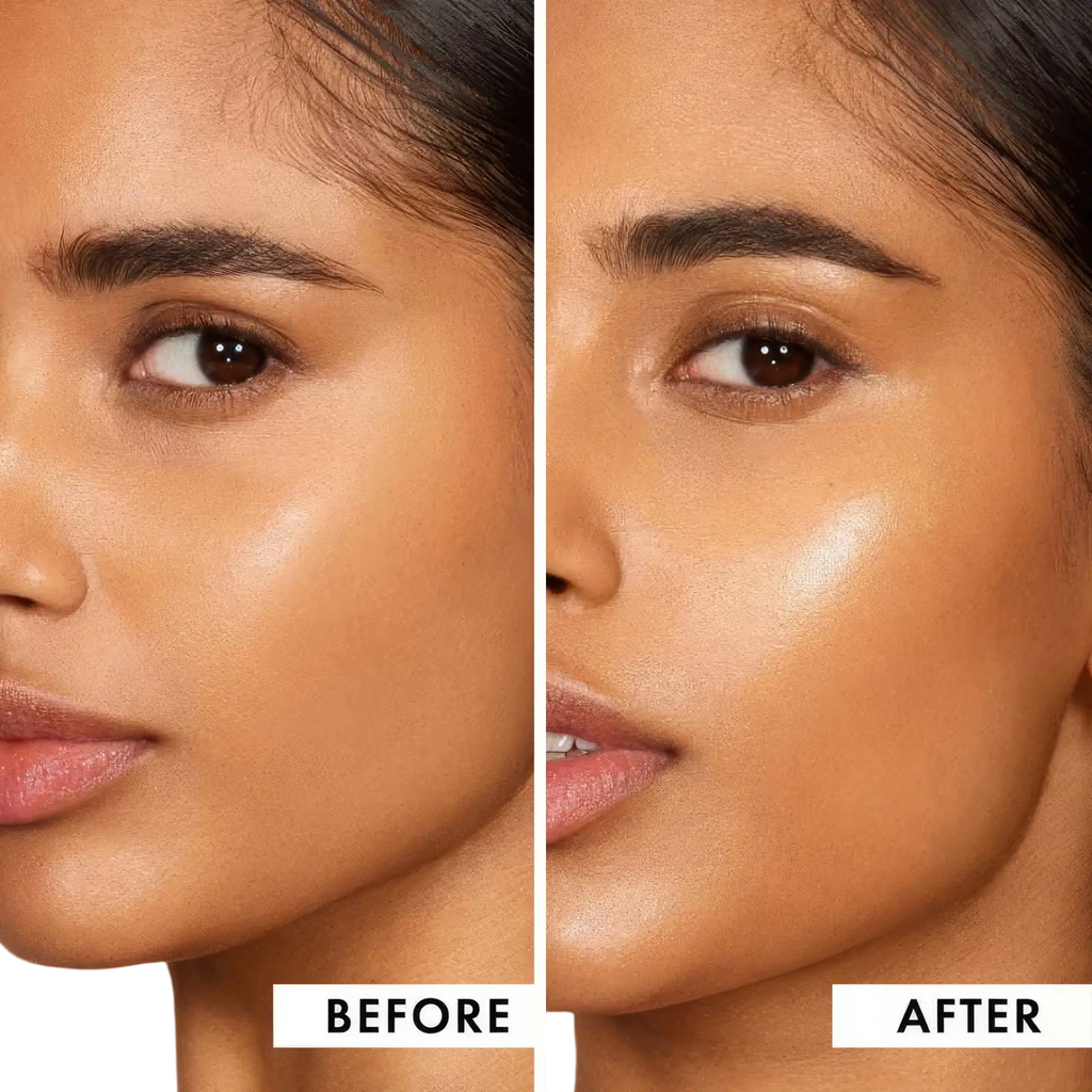 Before and after comparison of skin tone enhancement with hydrating pore correcting makeup primer 25ml