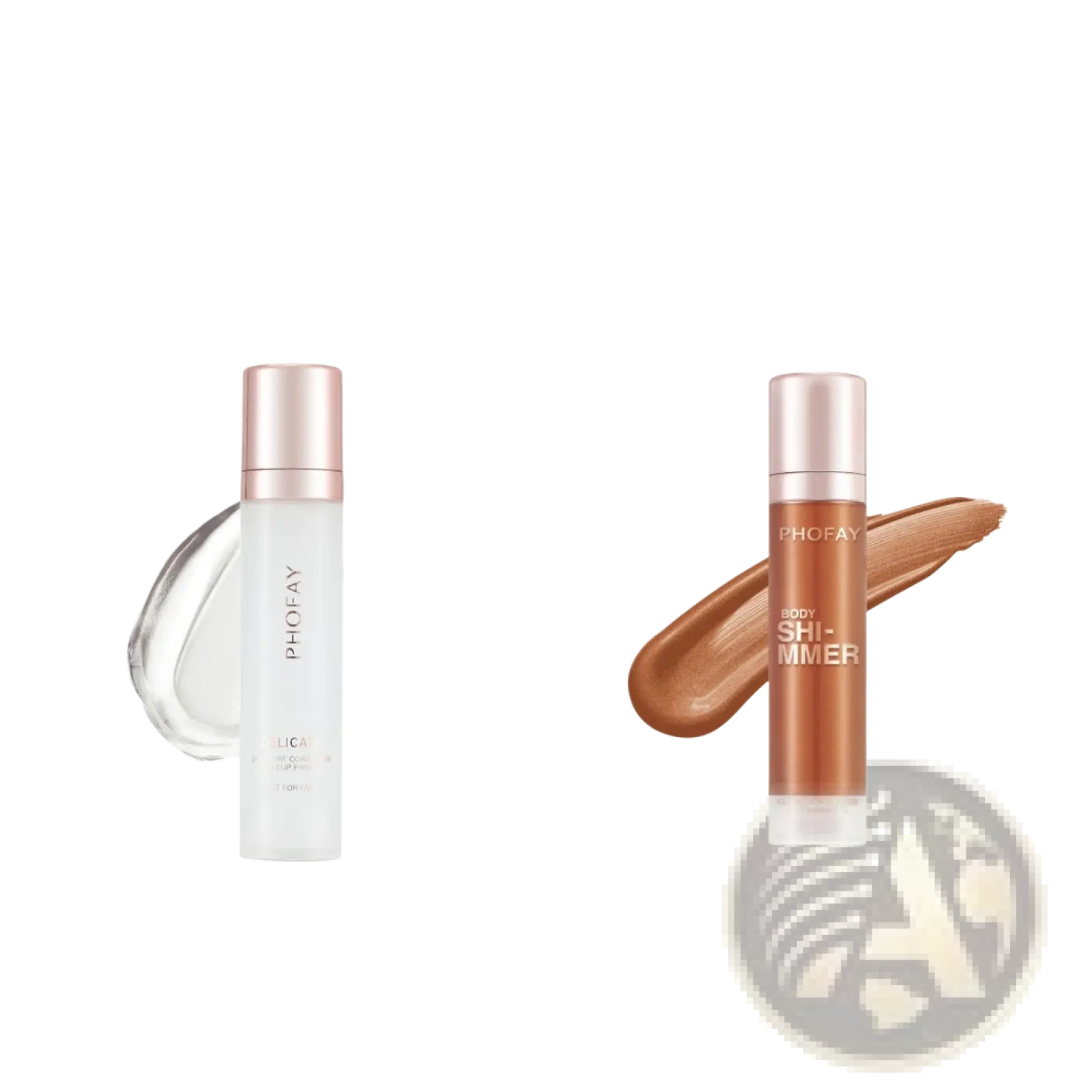Two phofay hydrating pore correcting makeup primers 25ml in clear liquid with rose gold cap and bronze shimmer with matching cap