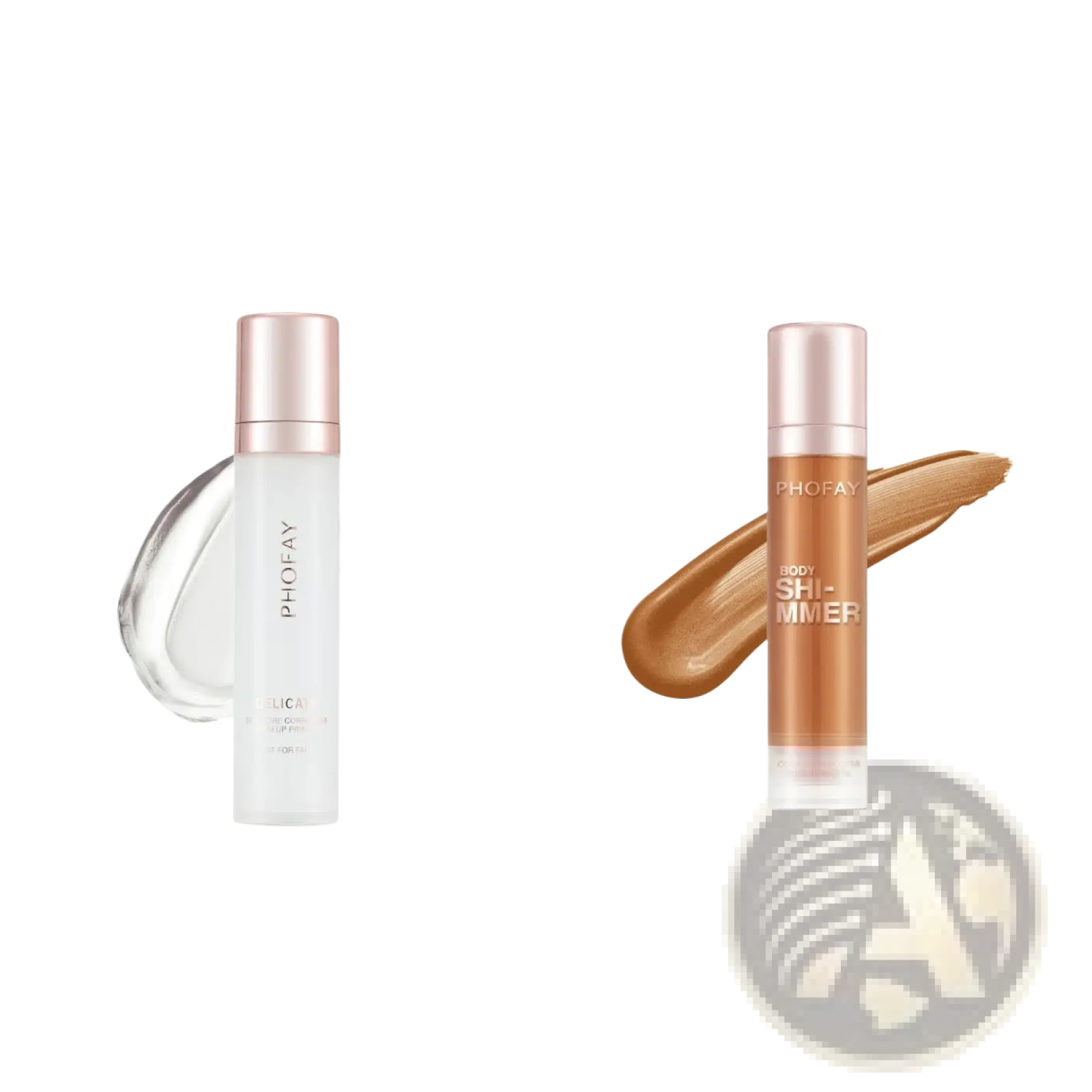 Two phoeay hydrating pore correcting makeup primer bottles 25ml with clear and bronze shimmer liquid and rose gold caps