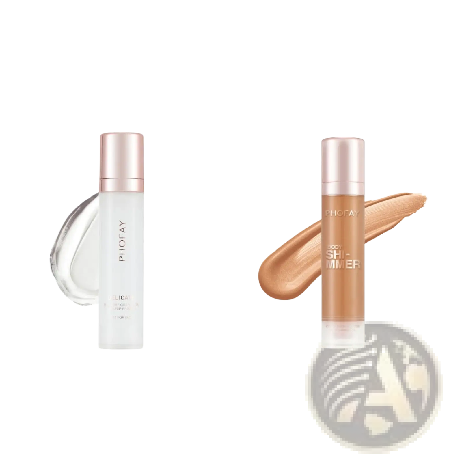 Two phoeay hydrating pore correcting makeup primers in 25ml transparent glass bottles with rose gold caps and shimmering formulas