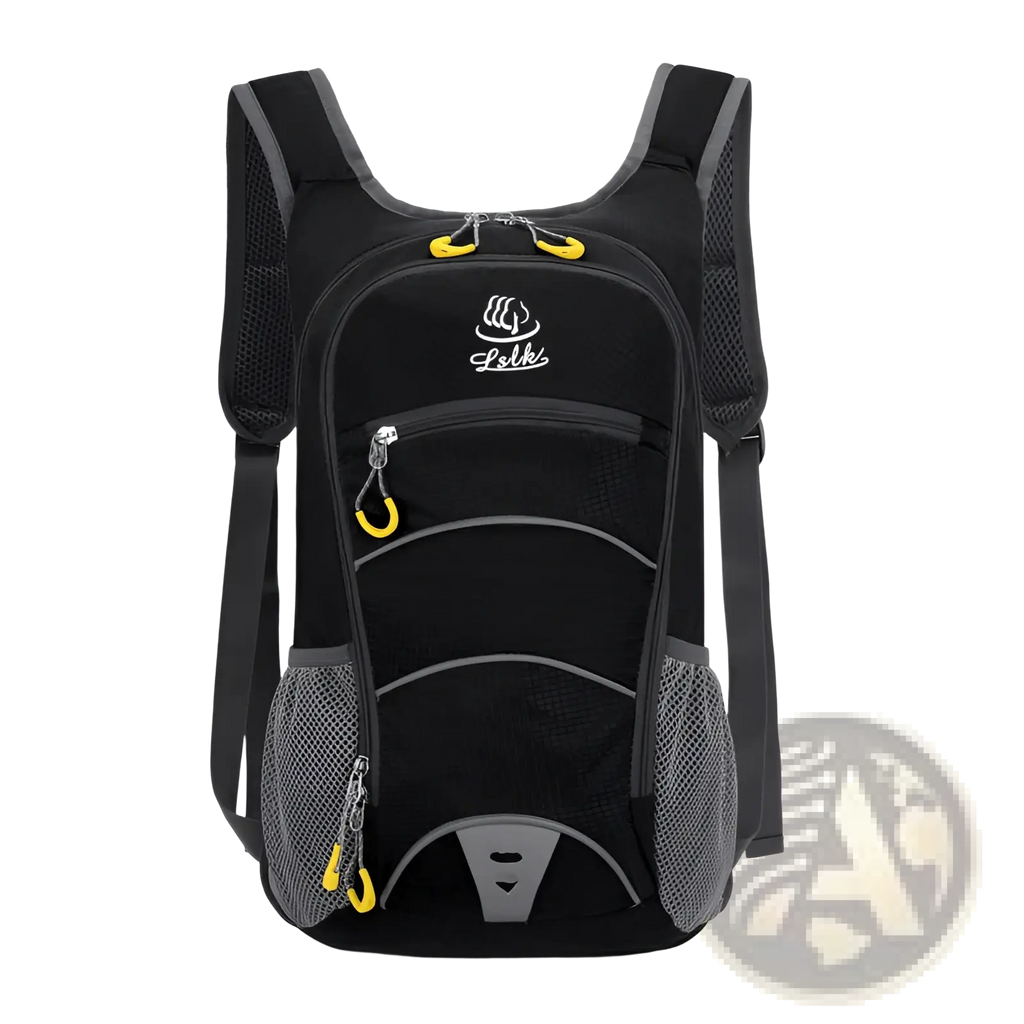 Black lelki hydration backpack with gray mesh panels and yellow zipper pulls for lightweight outdoor cycling use