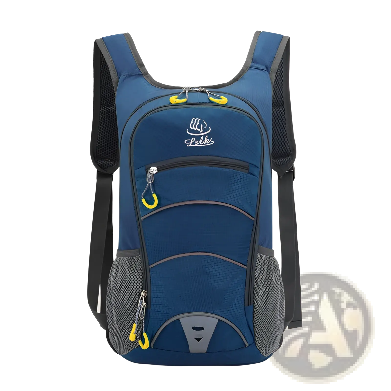 Blue lolkii hydration backpack with lightweight design black mesh side pockets and yellow zipper pulls for outdoor cycling