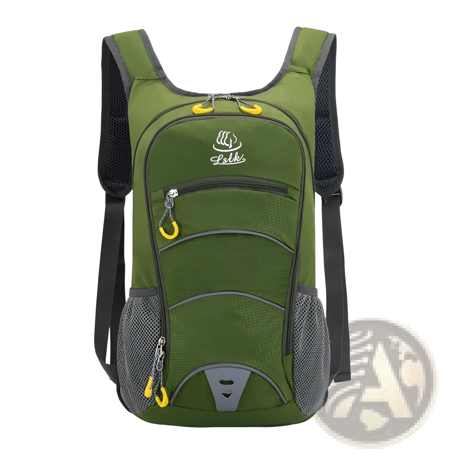 Olive green and gray hydration backpack with yellow zipper pulls and branded logo for lightweight outdoor cycling