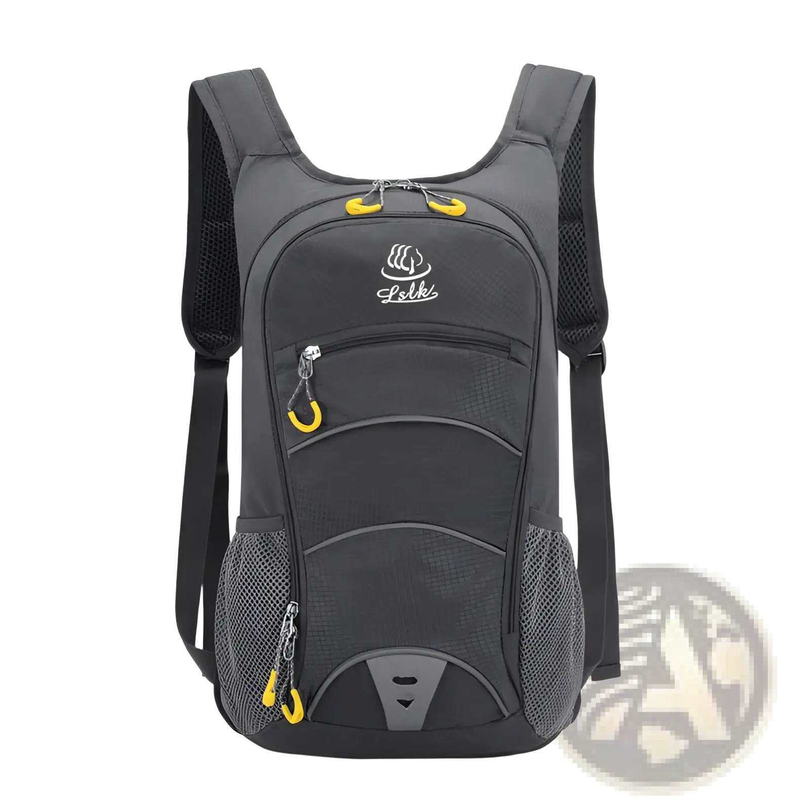 Gray lelki hydration backpack with yellow zipper pulls and mesh side pockets for lightweight outdoor cycling use