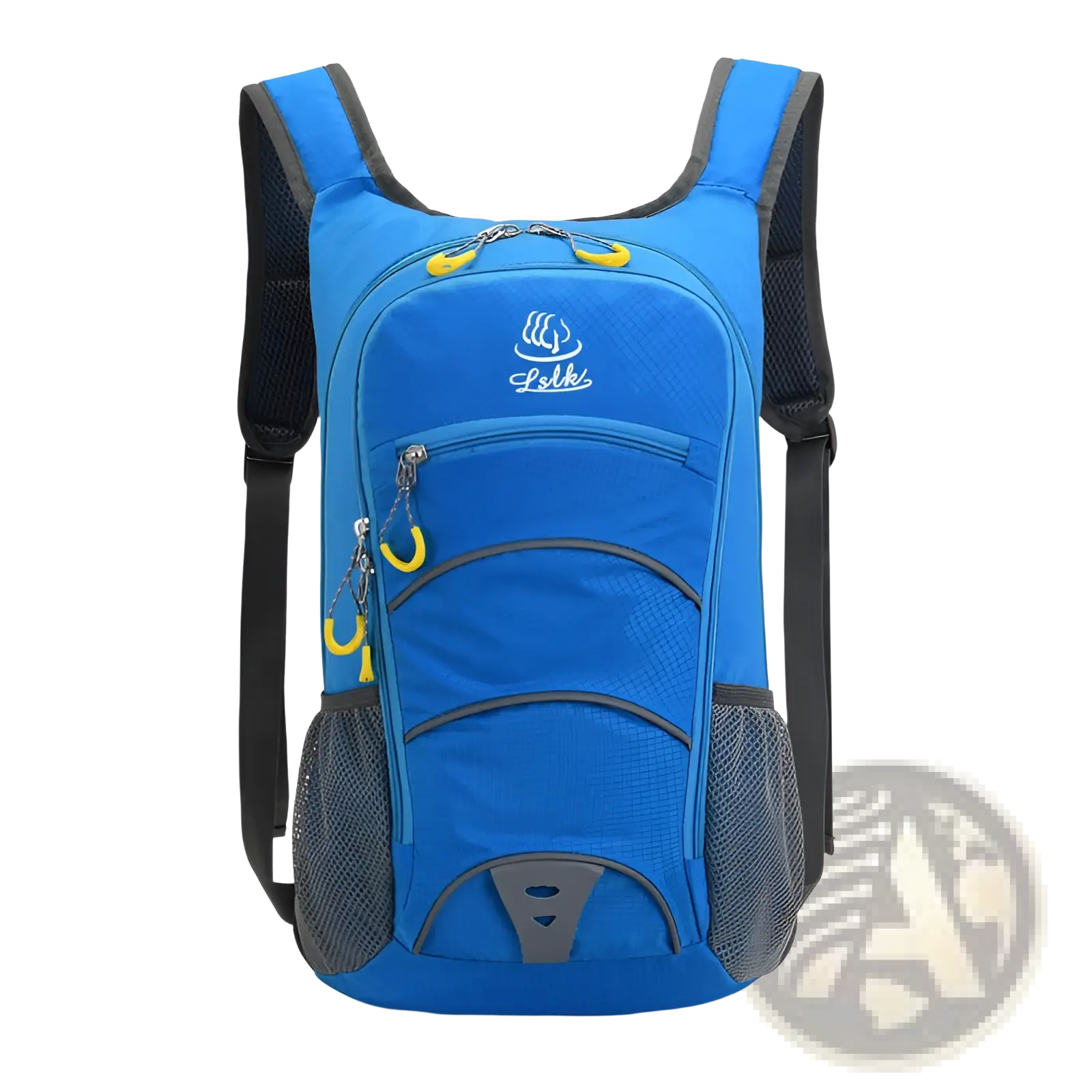 Bright blue lelki hydration backpack with black mesh pockets and yellow zipper pulls for lightweight outdoor cycling