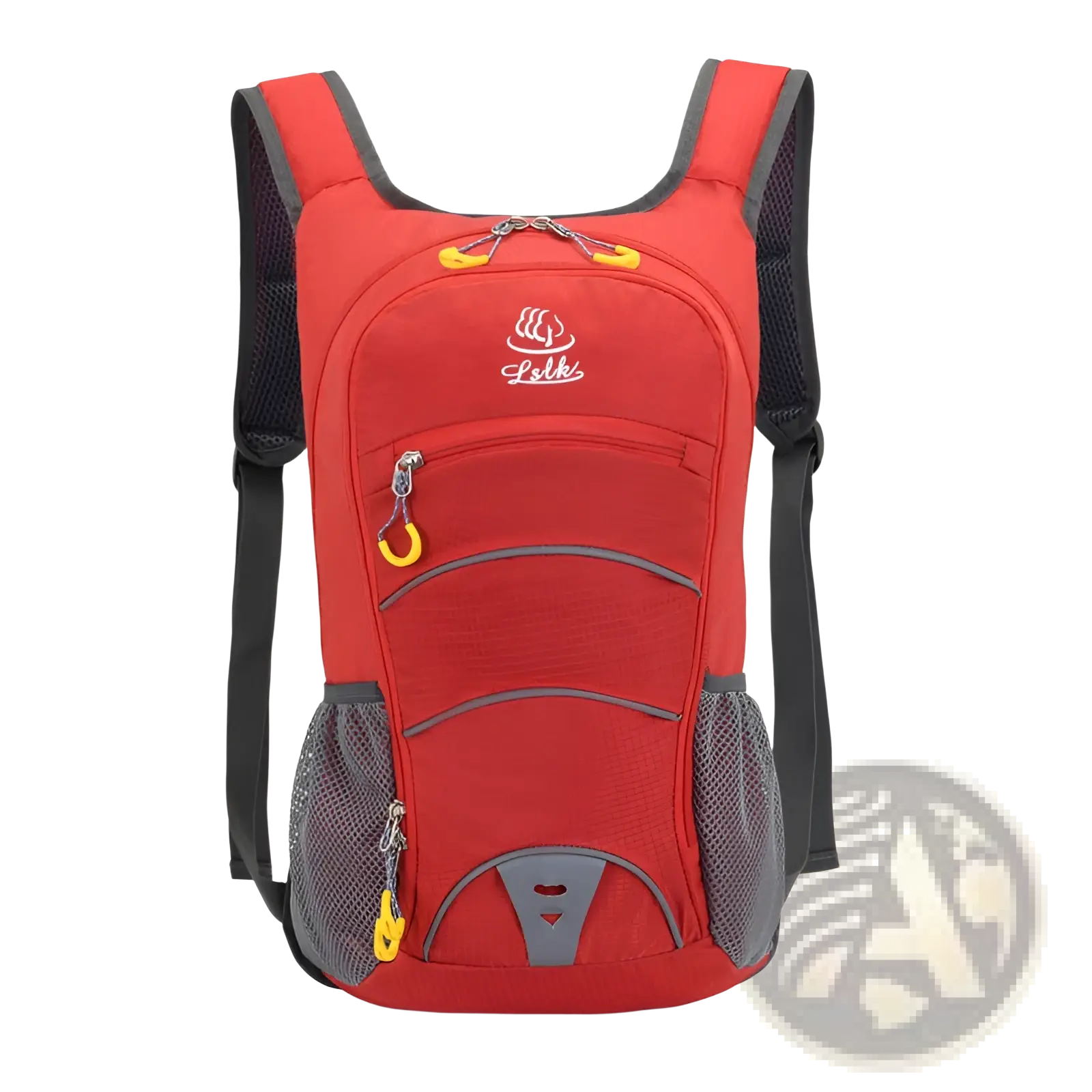 Red lelki hydration backpack lightweight outdoor cycling bag in red with gray mesh pockets and yellow zipper pulls