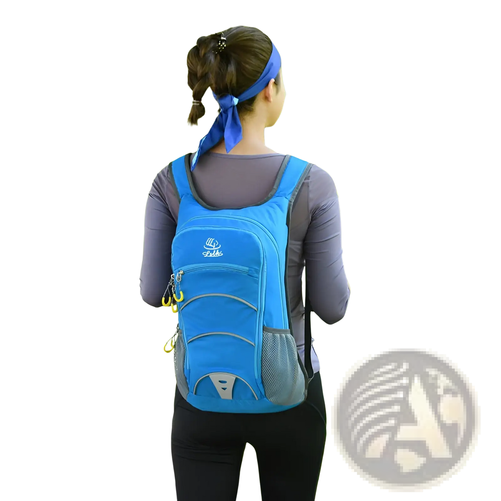 Bright blue lightweight hydration backpack with gray mesh side pockets and silver zipper pulls for outdoor cycling