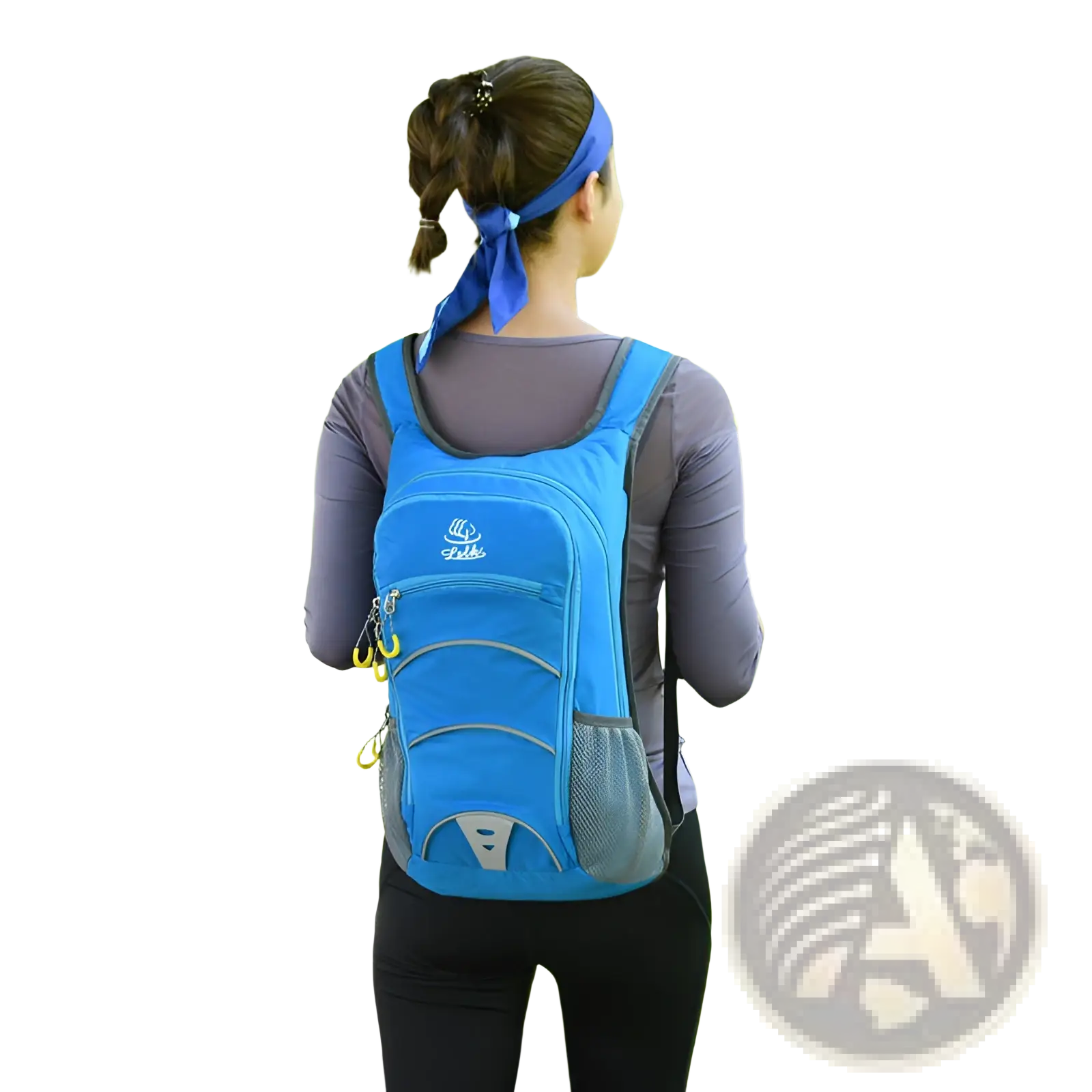 Bright blue lightweight hydration backpack with gray mesh side pockets and silver zipper pulls for outdoor cycling