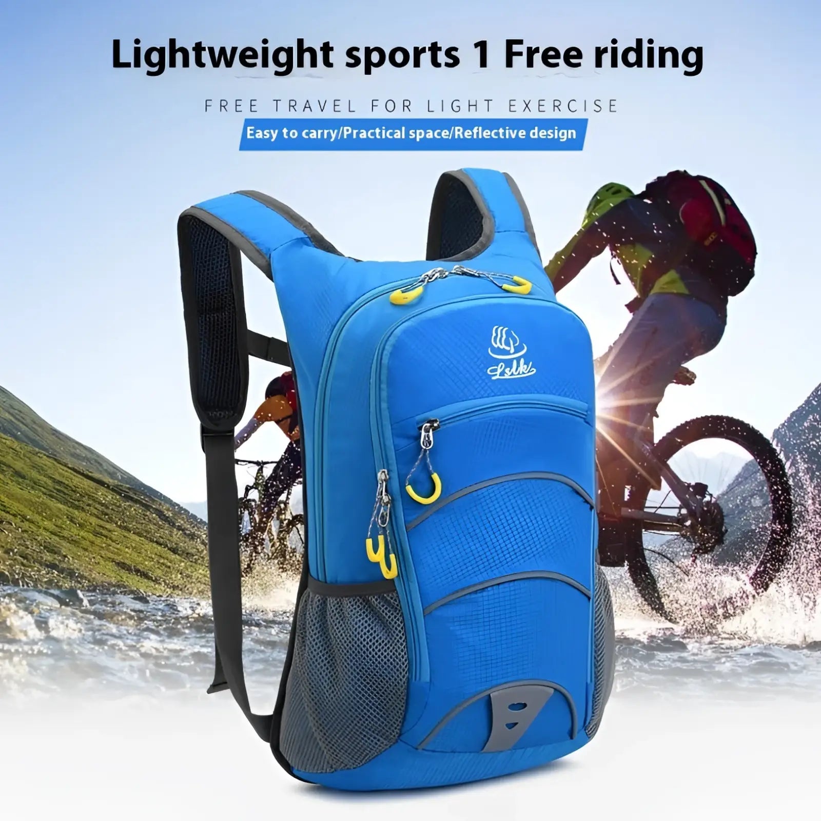Bright blue lightweight hydration backpack with black straps yellow zipper pulls mesh pocket and reflective design for cycling