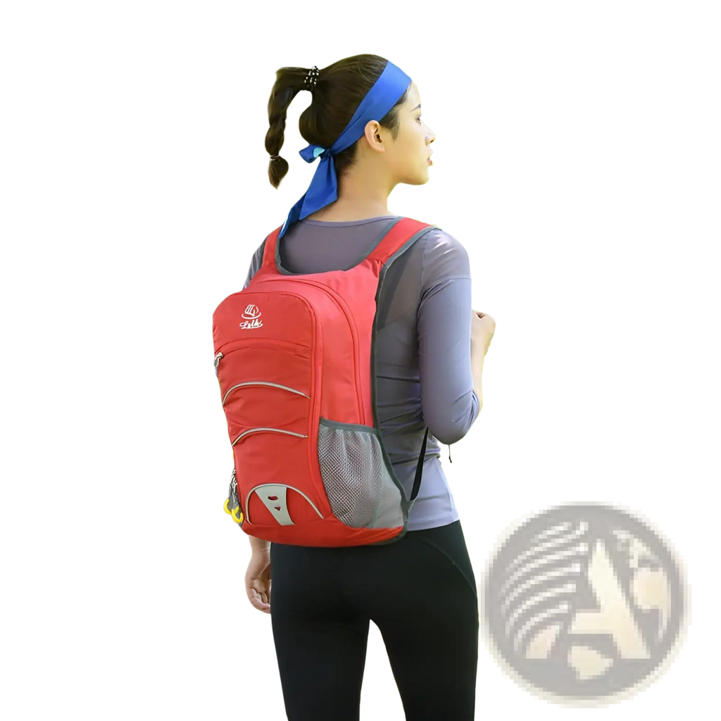 Hydration backpack lightweight outdoor cycling bag in red and gray with mesh side pockets and small front logo