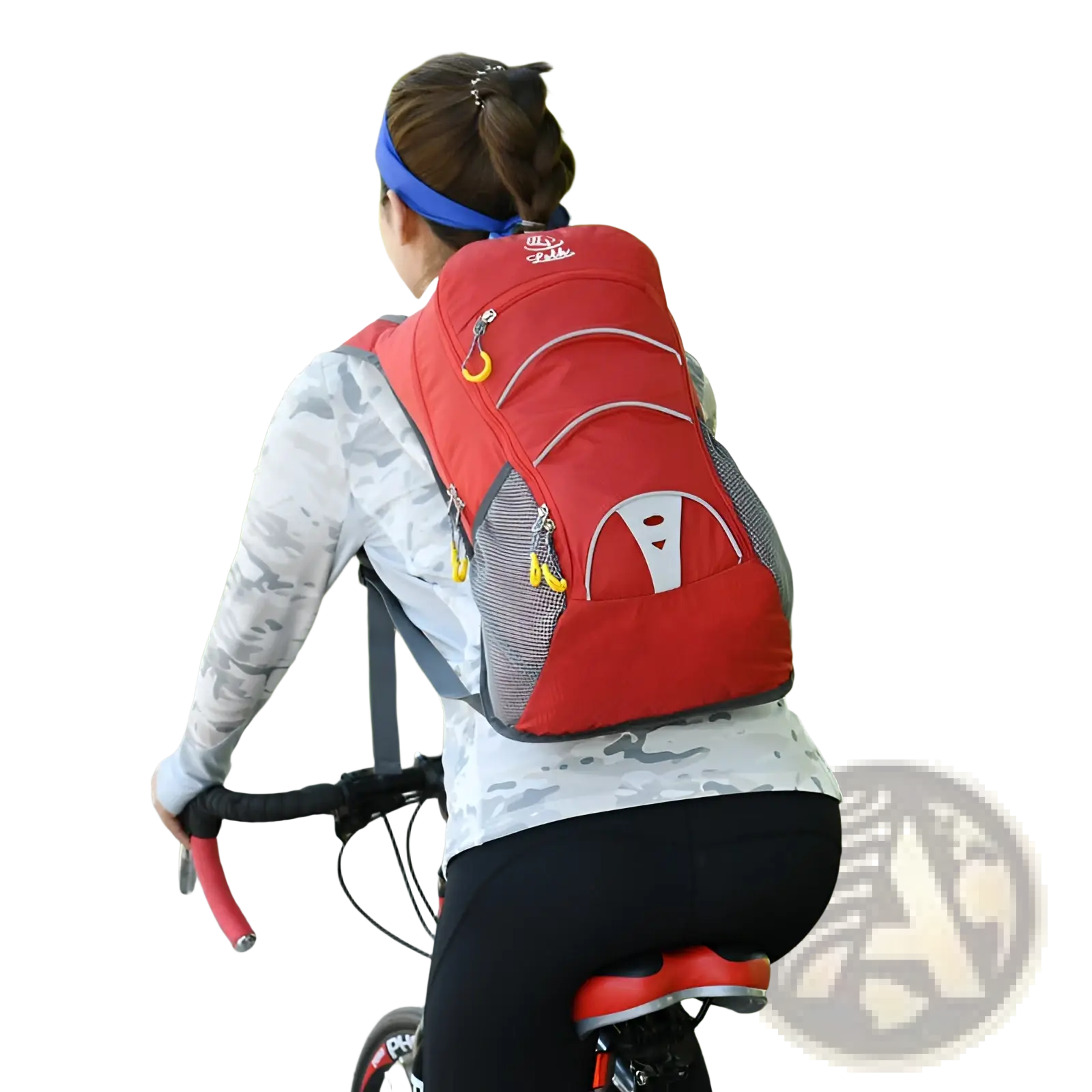Red and gray lightweight hydration backpack with white logo designed for outdoor cycling use shown from the back side
