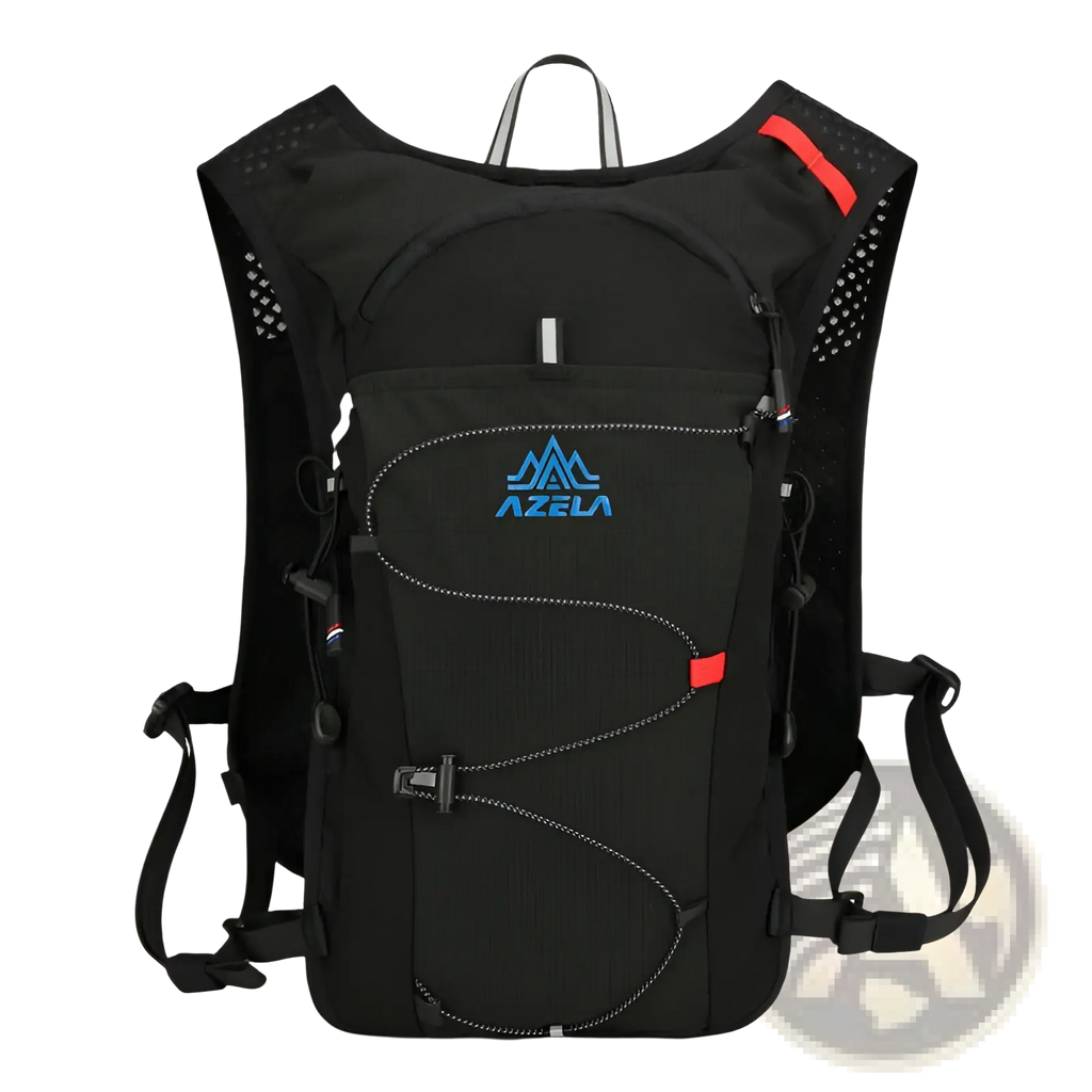 Black azela hydration backpack lightweight running vest 20l with red accents and a blue logo designed for endurance use