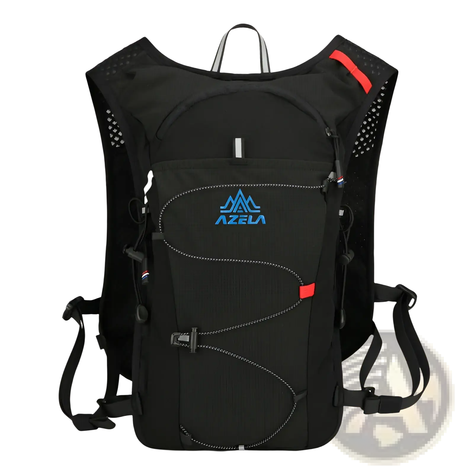 Black azela hydration backpack lightweight running vest 20l with red accents and a blue logo designed for endurance use
