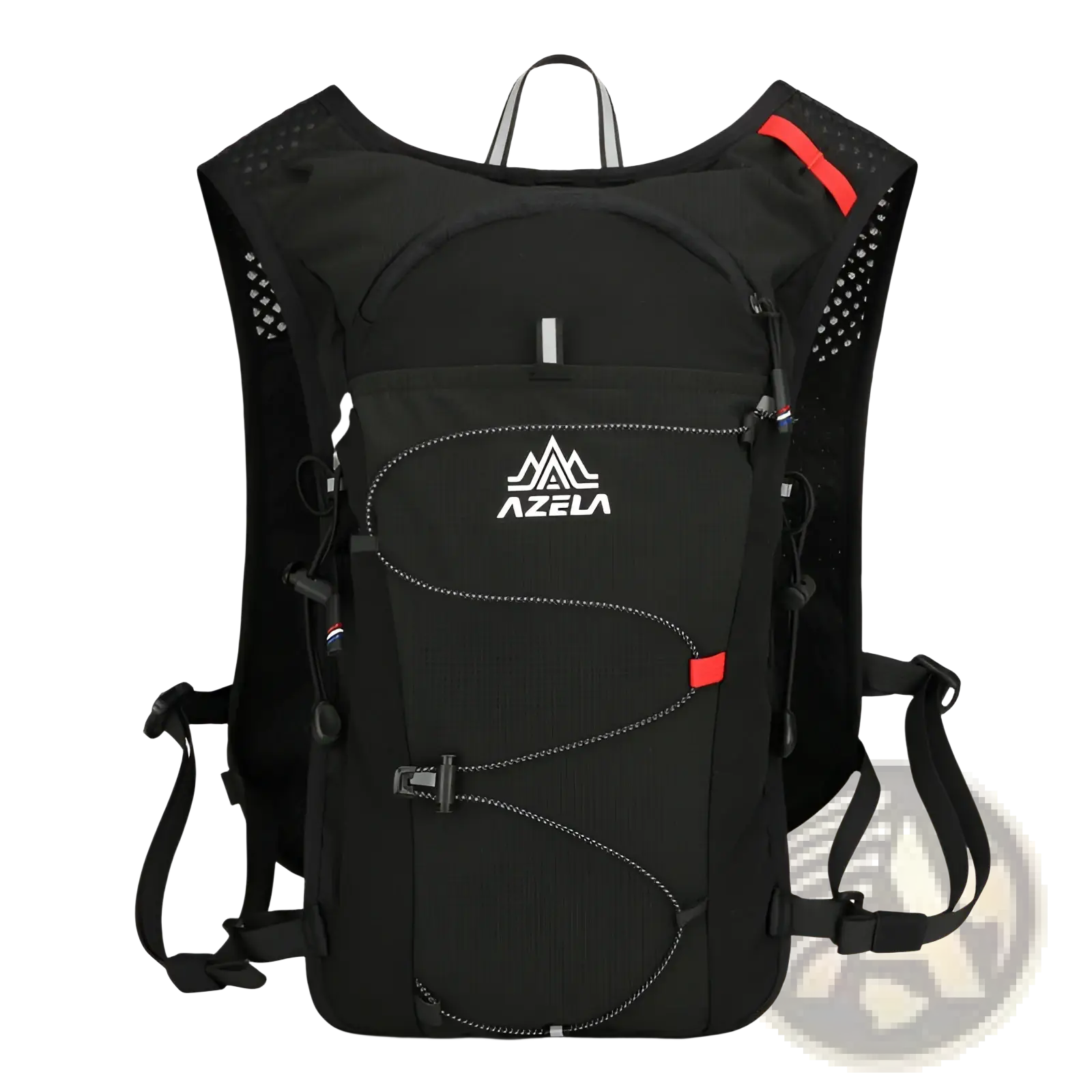 Black azela hydration backpack with red accents and mesh ventilation panels designed as a lightweight running vest 20l