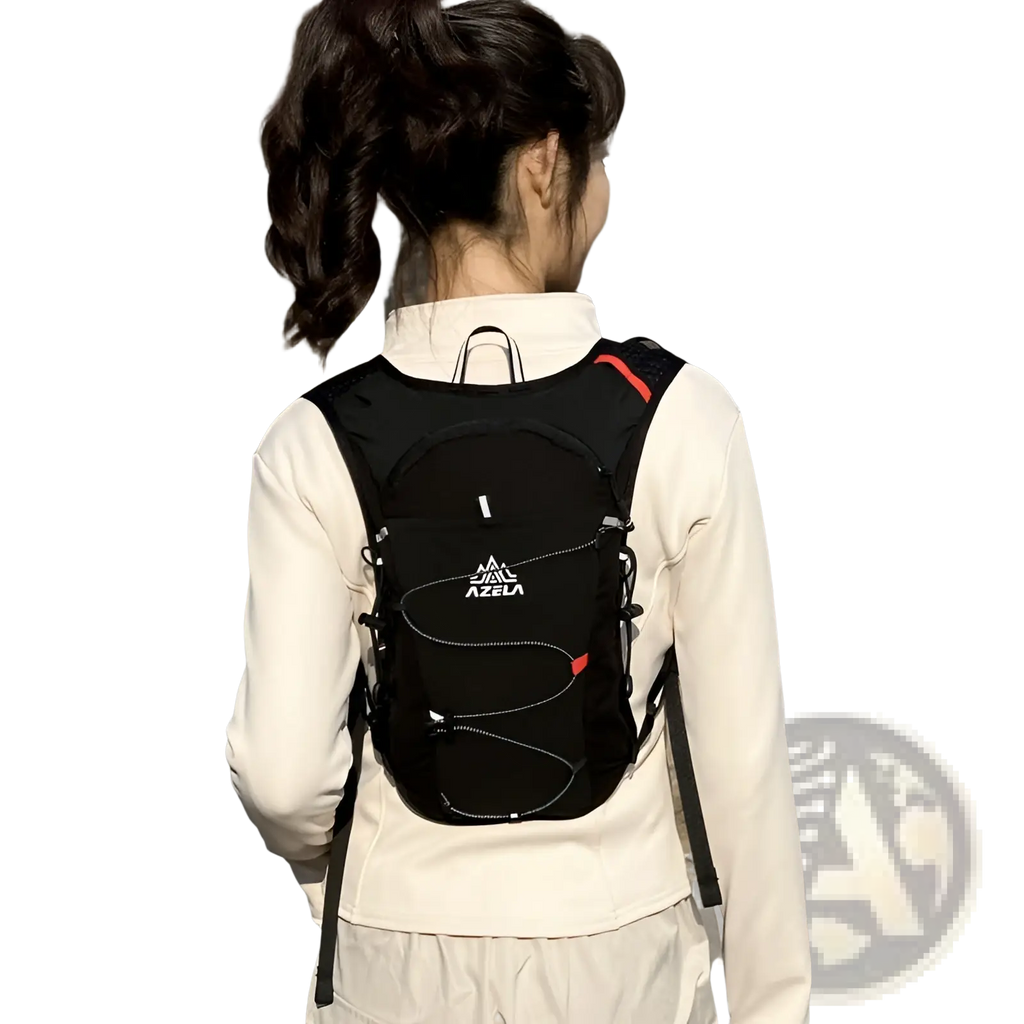 Black azeza hydration backpack lightweight running vest 20l with red accent stitching and minimalist design