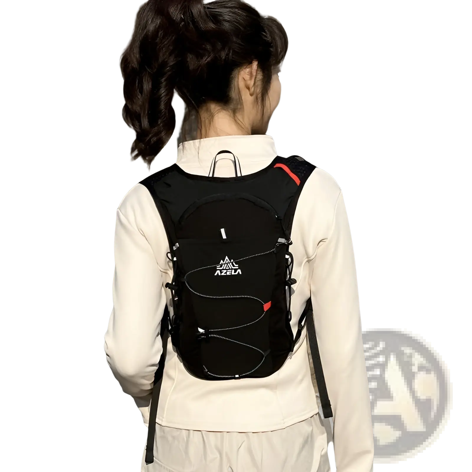 Black azeza hydration backpack lightweight running vest 20l with red accent stitching and minimalist design