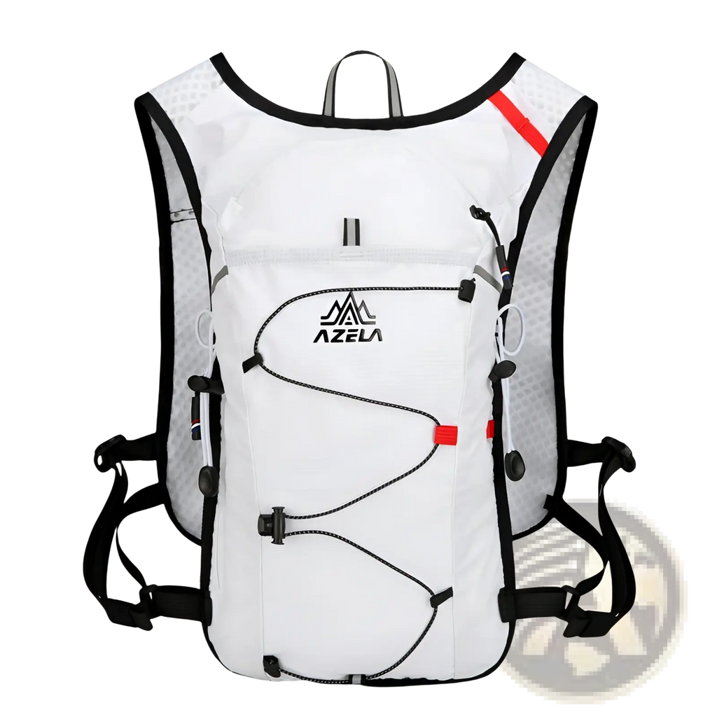 White azela hydration backpack lightweight running vest 20l with black red accents mesh back panel and adjustable straps