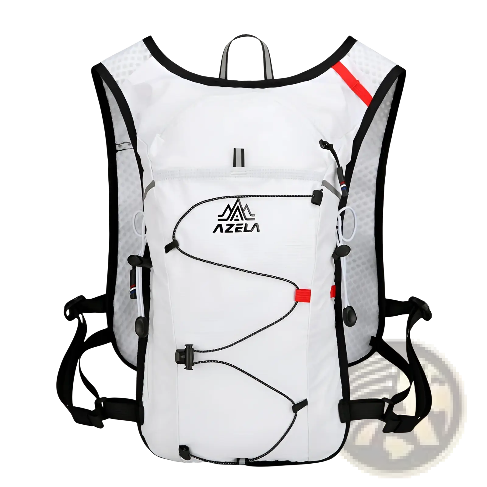 White azela hydration backpack lightweight running vest 20l with black red accents mesh back panel and adjustable straps