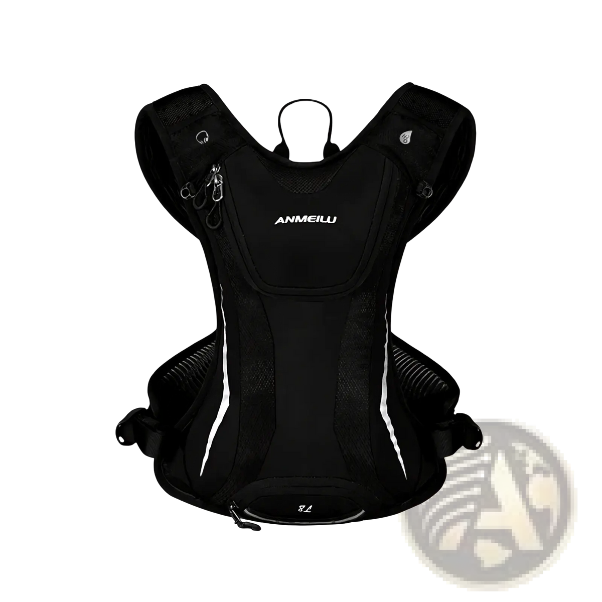 Black anmeilu hydration backpack with mesh panels and white accent stripes designed as a lightweight running vest