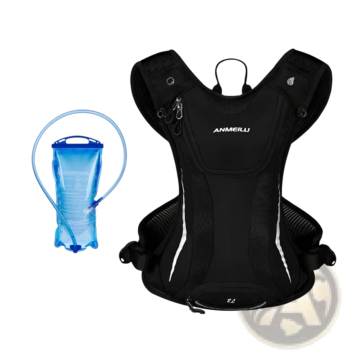 Black anmeilu hydration backpack with white reflective stripes and detachable blue water bladder for running use