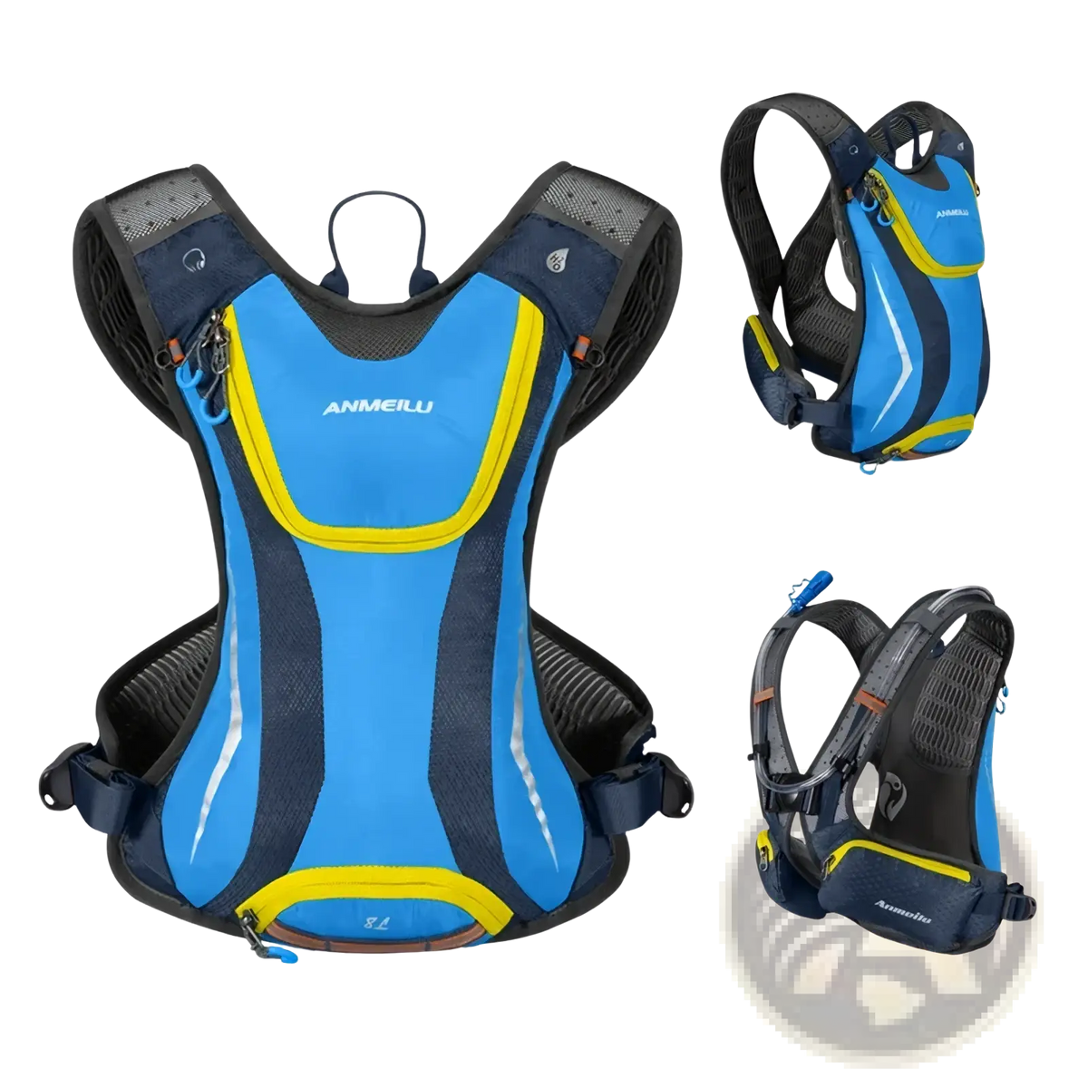Blue and yellow anmeilu hydration backpack with mesh panels and adjustable straps for lightweight running use