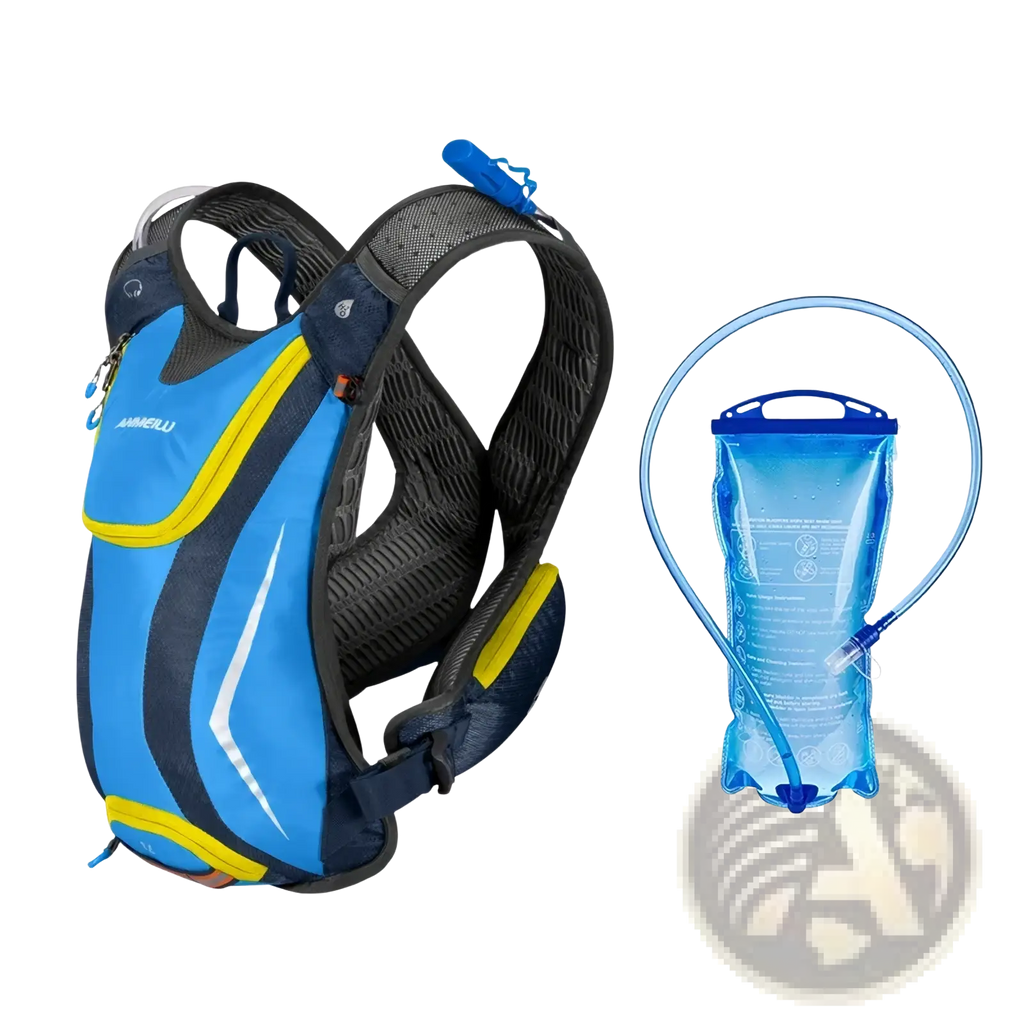 Blue and yellow hydration backpack with lightweight running vest design and detachable transparent water bladder