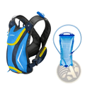 Blue and yellow hydration backpack with lightweight running vest design and detachable transparent water bladder