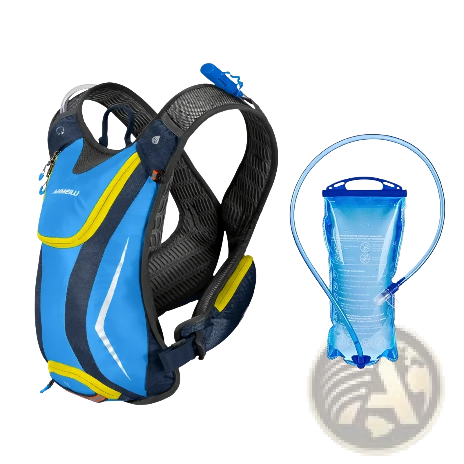 Blue and yellow hydration backpack with lightweight running vest design and detachable transparent water bladder