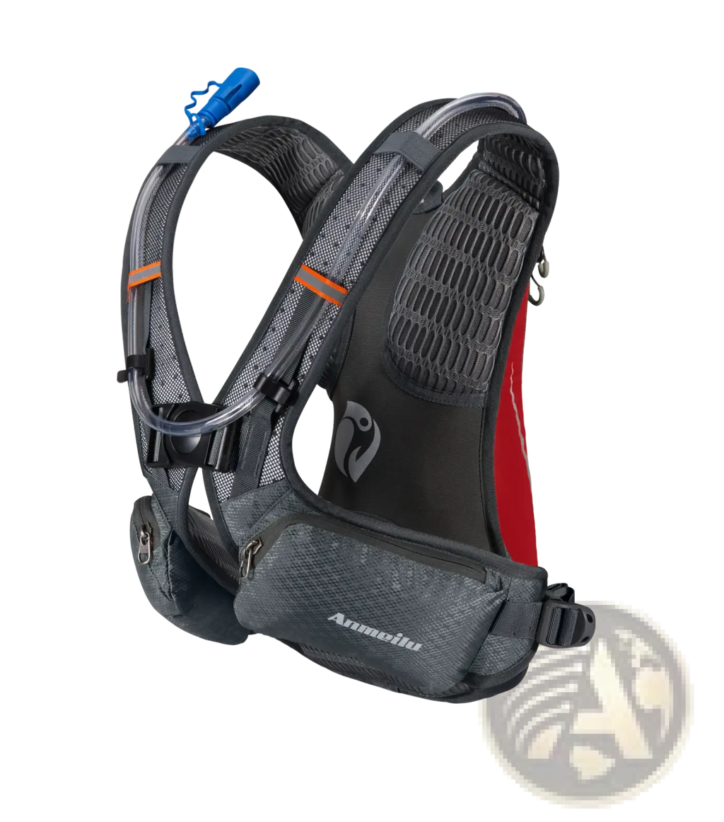 Gray and red lightweight hydration backpack with mesh panels black straps and blue drinking tube for running