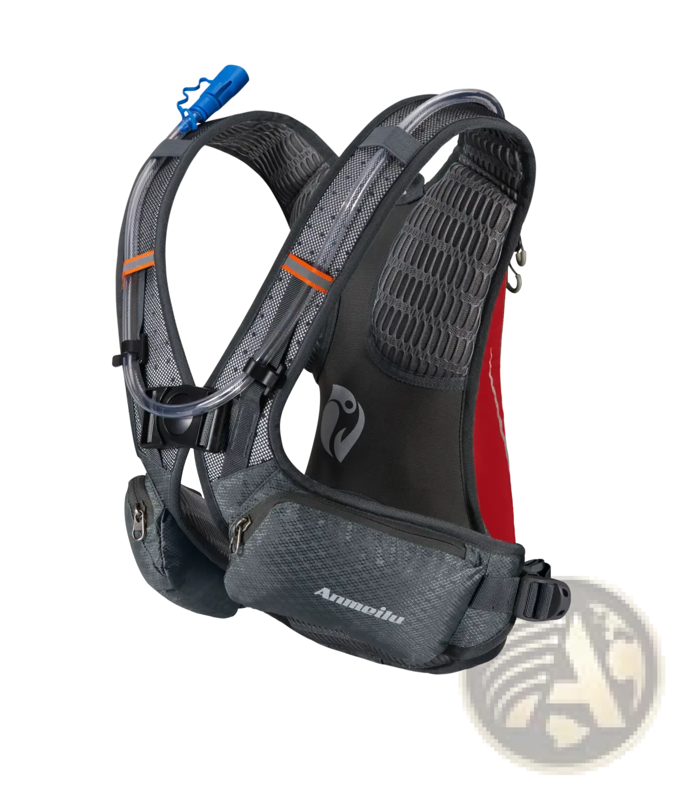 Gray and red lightweight hydration backpack with mesh panels black straps and blue drinking tube for running