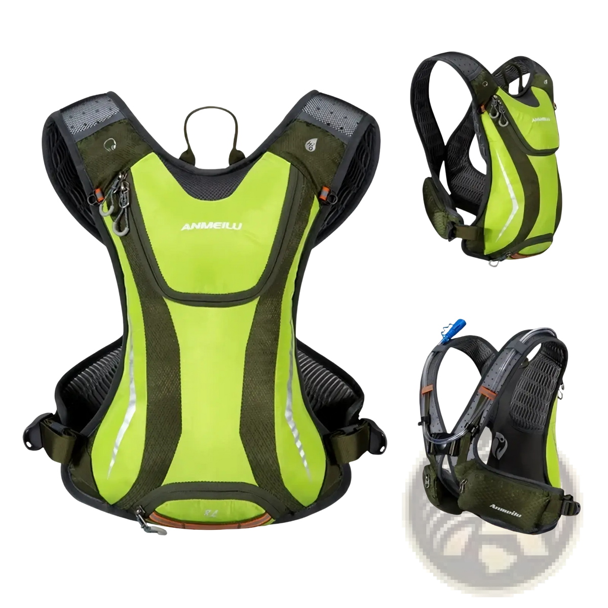 Hydration backpack lightweight running vest in bright lime and olive green with mesh panels and reflective stripes back view