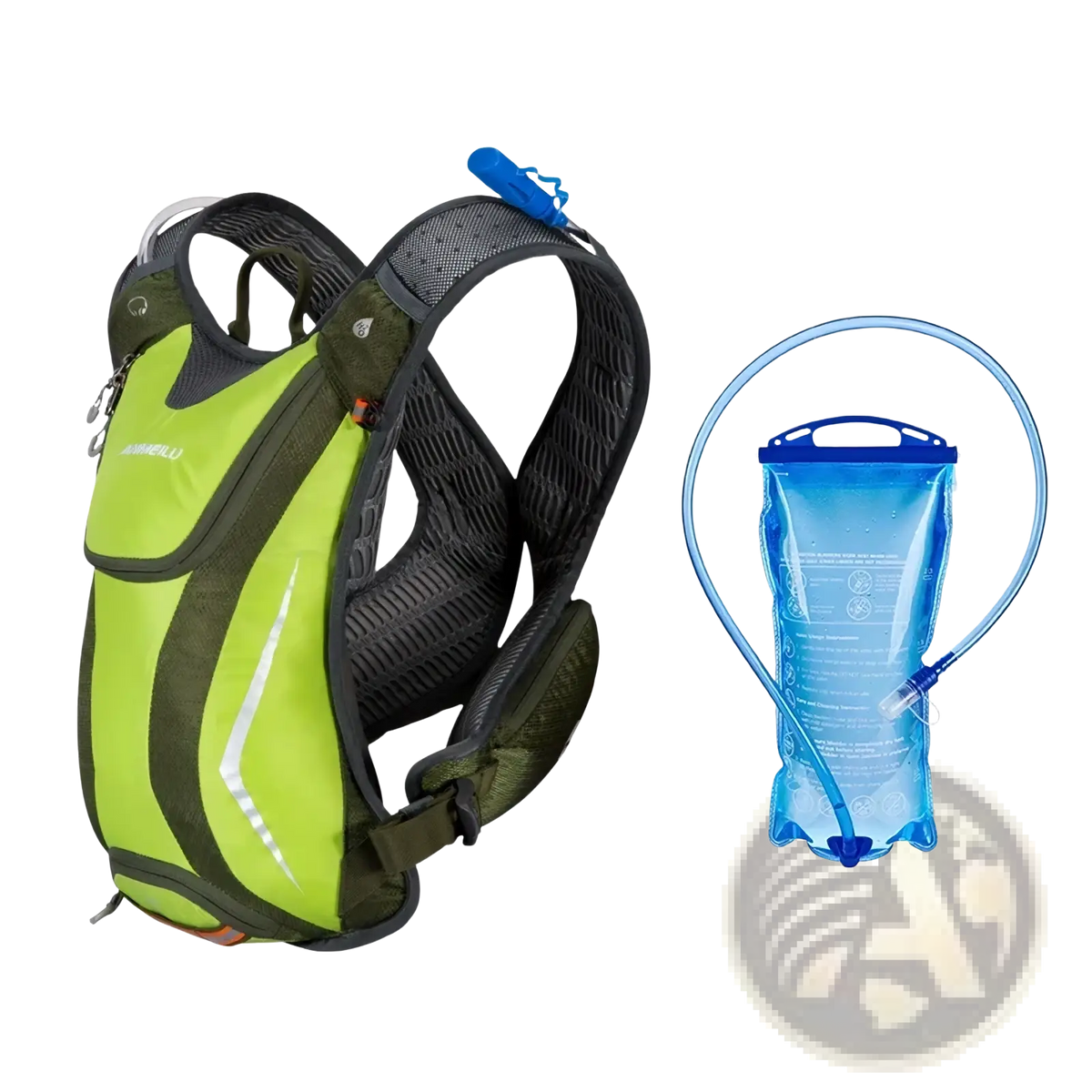 Vibrant lime and olive green lightweight hydration backpack with black mesh lining and a blue water bladder for running