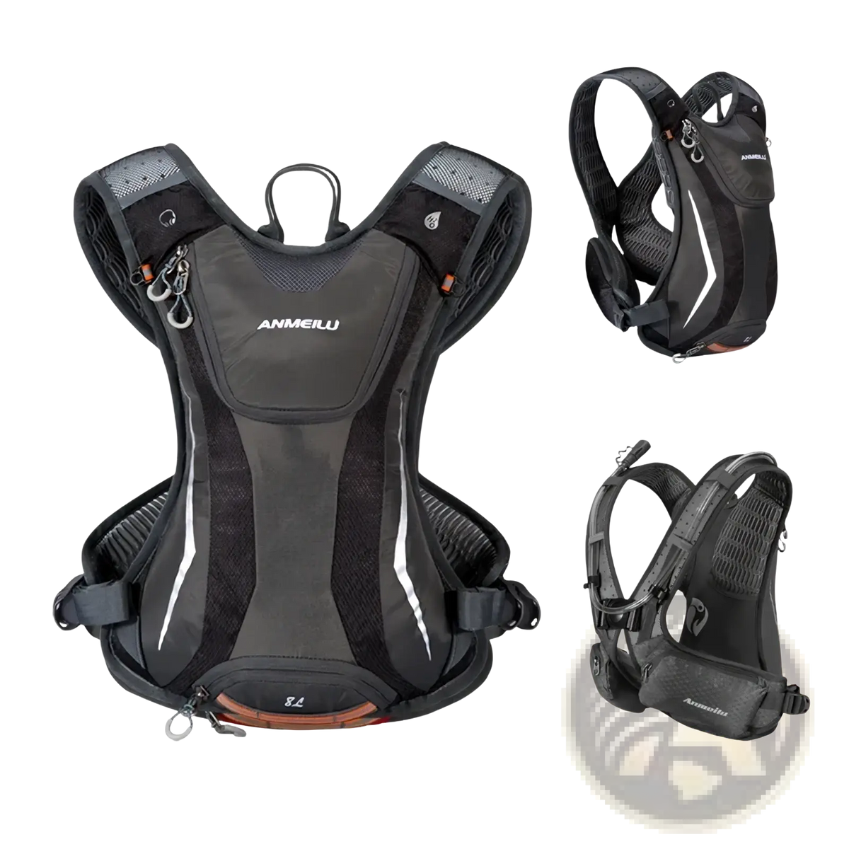 Black anmeilu hydration backpack with mesh panels and reflective white stripes designed for lightweight running use