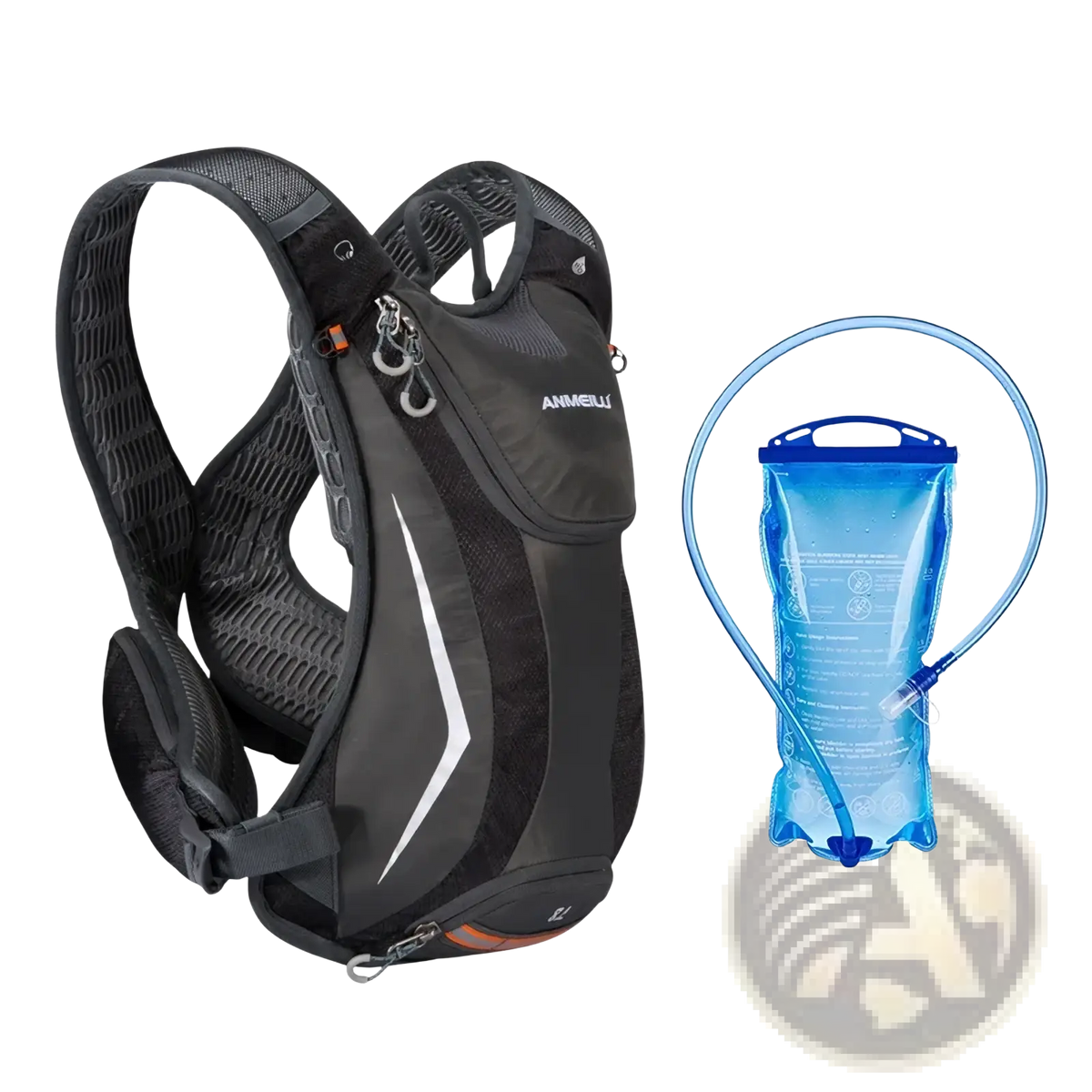 Black and gray anmeili hydration backpack lightweight running vest with white stripes and translucent blue water bladder