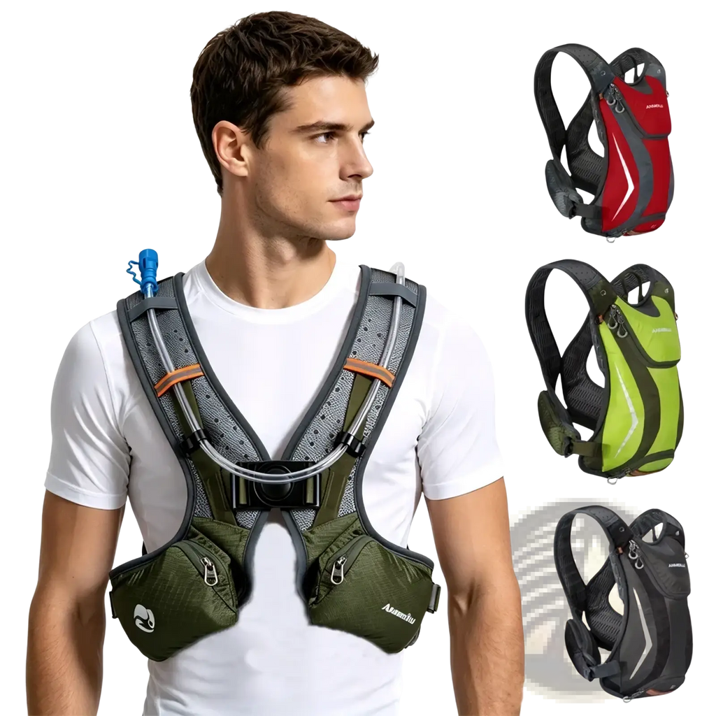 Olive green mesh hydration backpack with black straps and orange accents lightweight running vest water bag back view