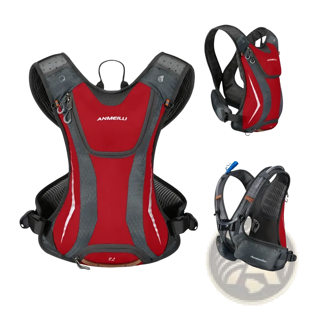 Red and gray anmeilu hydration backpack lightweight running vest with mesh panels and reflective stripes backside view
