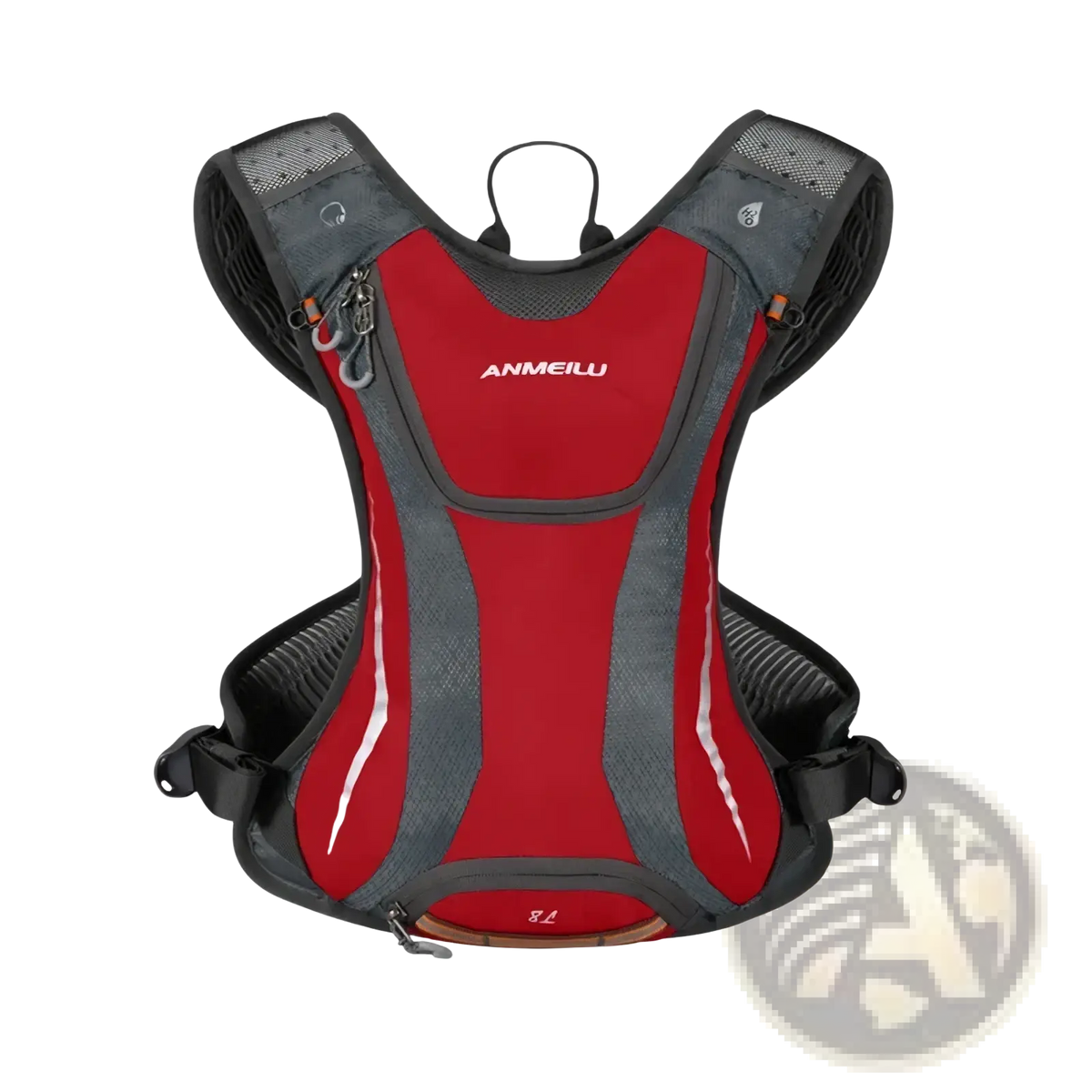 Red and gray anmeilu hydration backpack with mesh panels and reflective stripes designed for lightweight running use