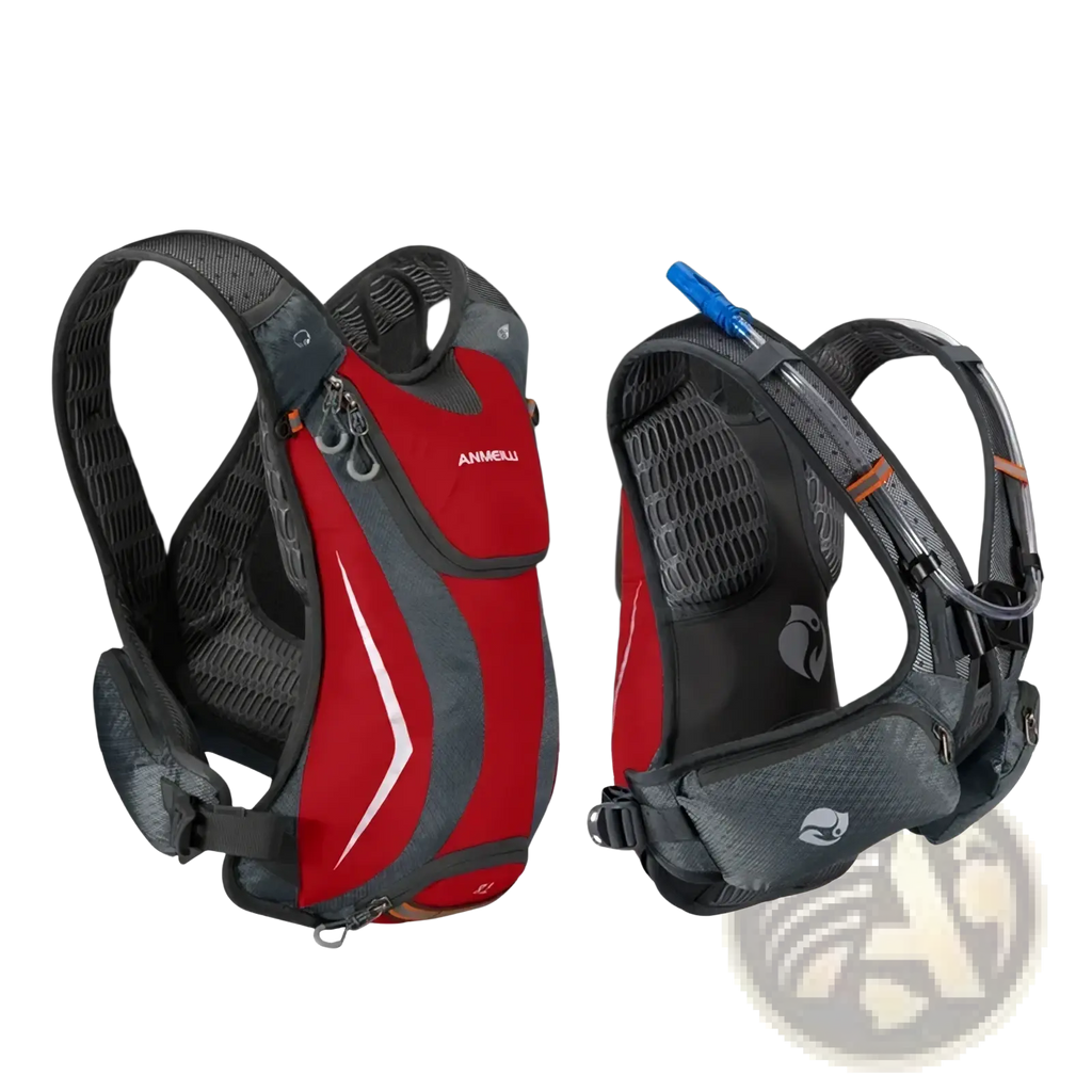 Red and gray anmeiu hydration backpack with mesh panels and blue drinking tube for lightweight running use