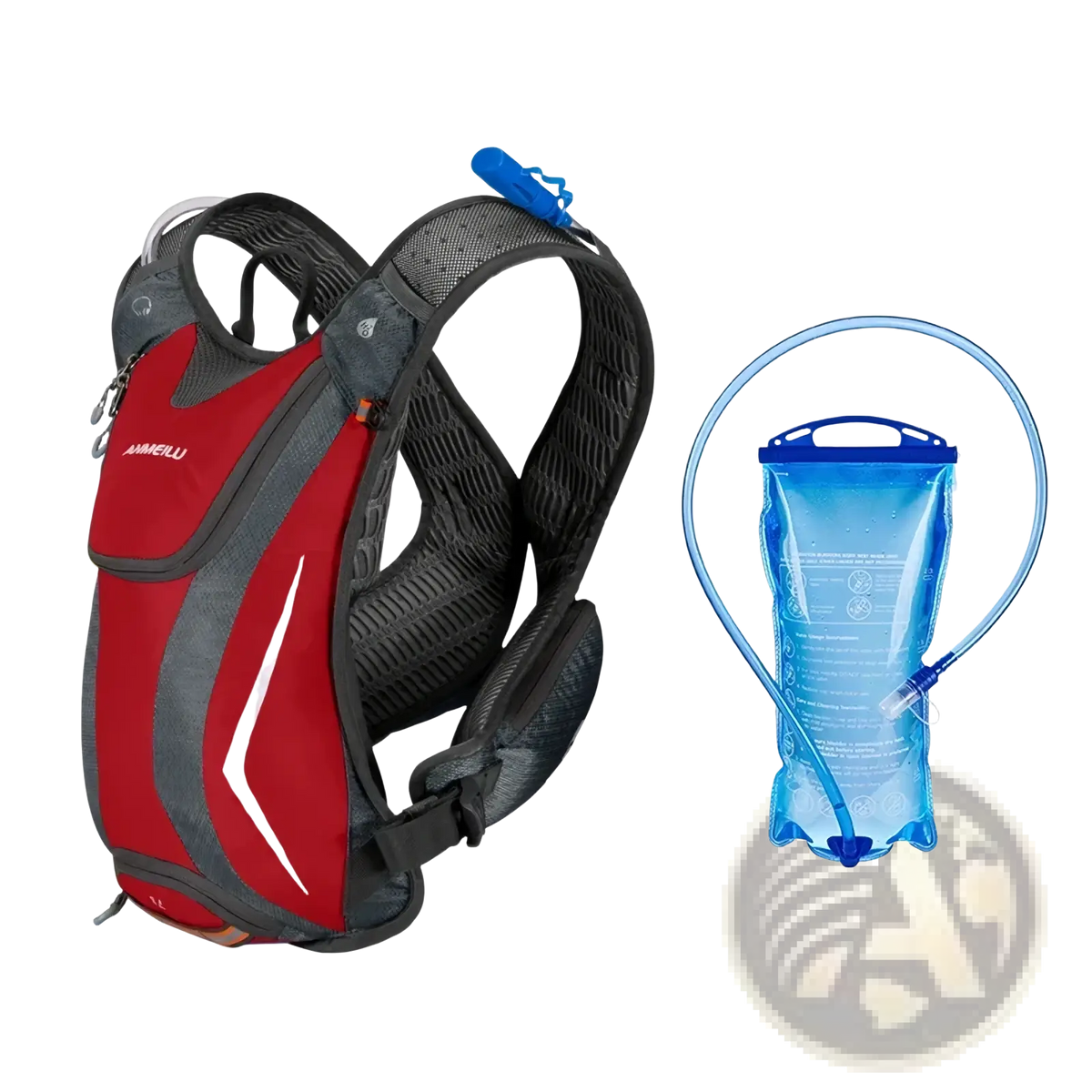 Red and gray marmot hydration backpack with blue water bladder designed as a lightweight running vest water bag
