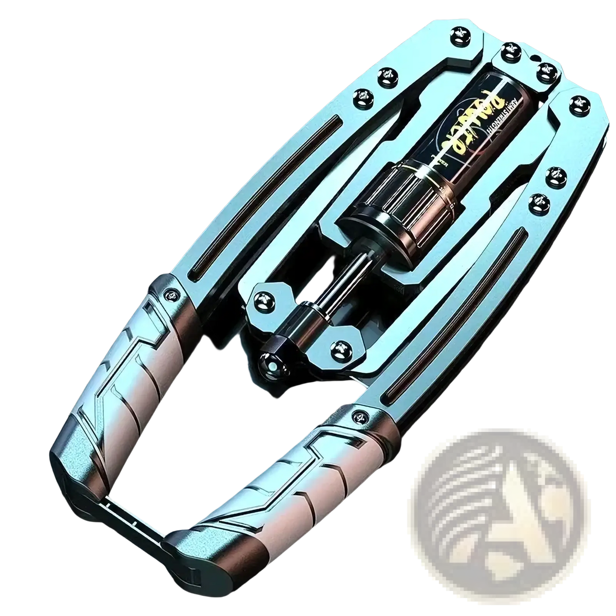 Silver and black hydraulic arm exerciser with adjustable strength and textured grip handles for effective training