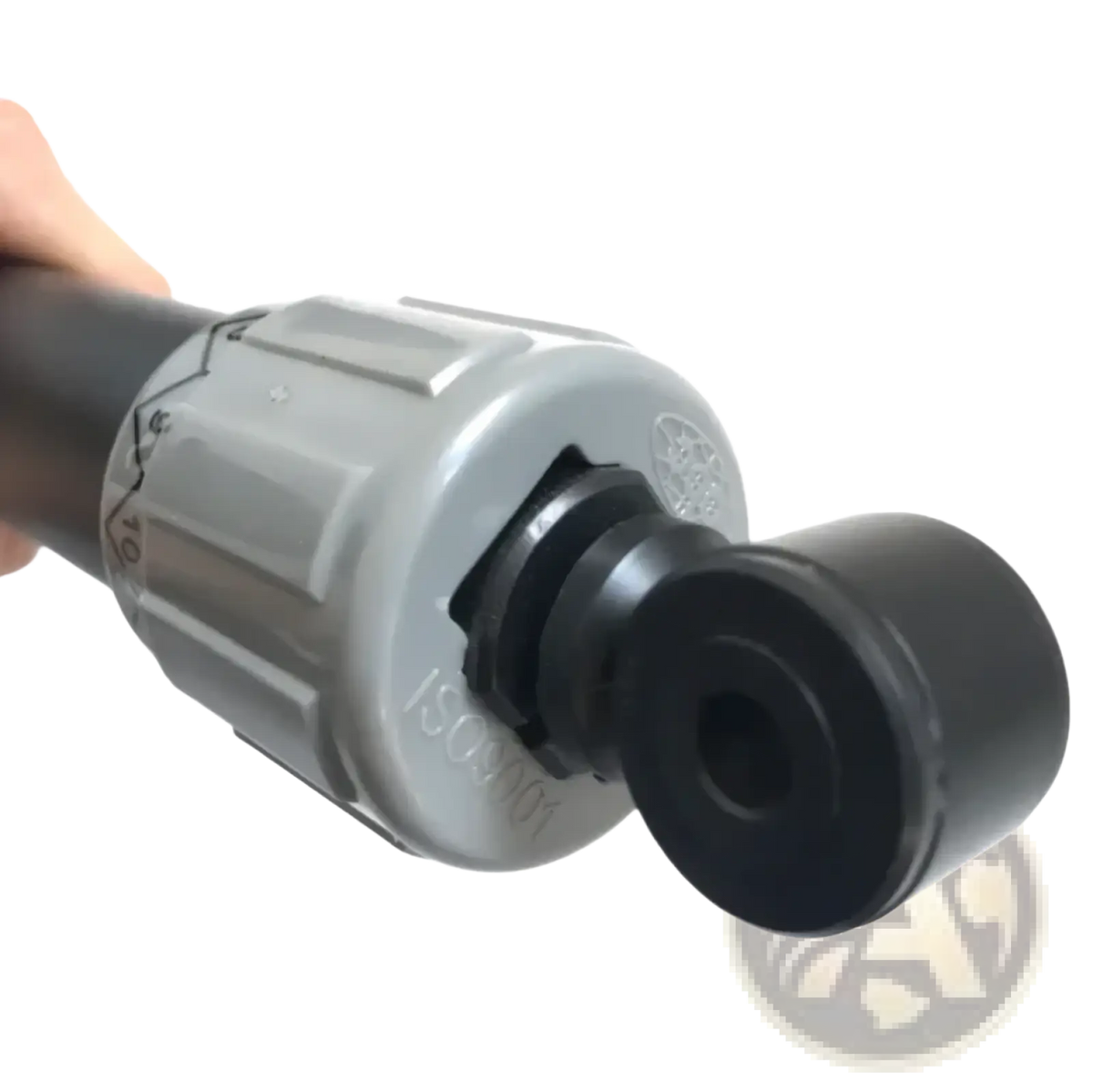 Gray plastic pipe fitting with black rubber seal and threaded connection for hydraulic cylinder rowing machine resistance regulator