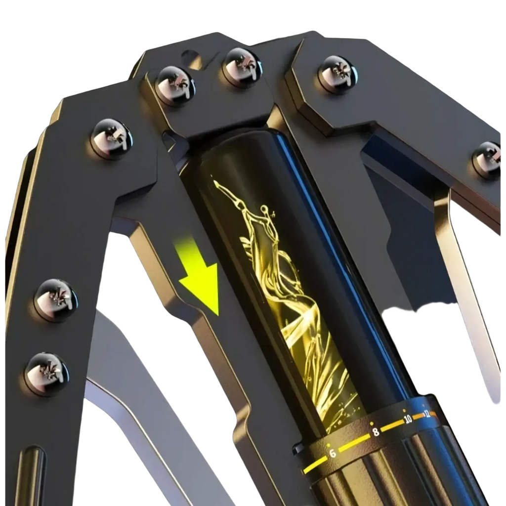 Black cylindrical hydraulic ram with gold engraved figure inside dark metallic housing in hydraulic power twister chest exerciser